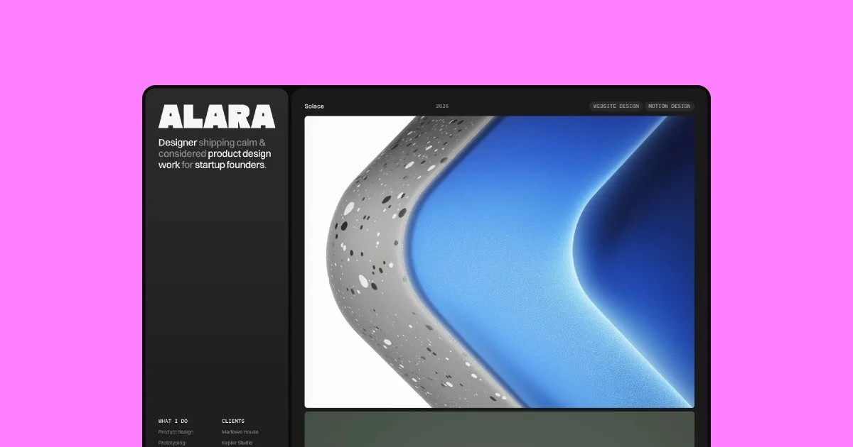 Alara — Open Graph share card, headed “Alara · Sidebar Portfolio Template for Framer”