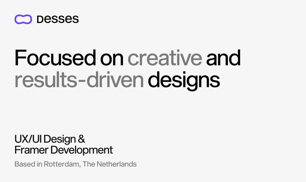 Desses — Open Graph share card, headed “Product Design & AI + Framer Development…”