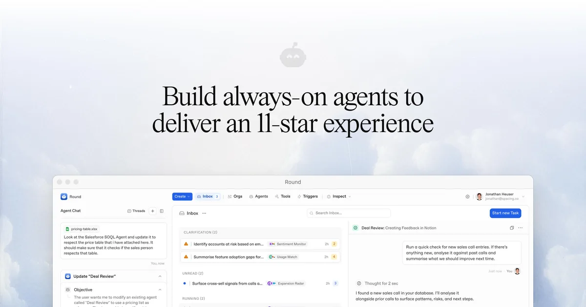 Round — Open Graph share card, headed “Round | Build AI agents for every customer”