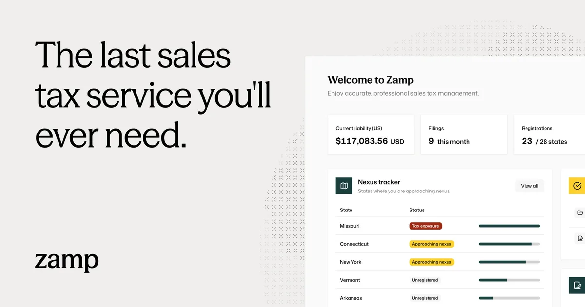 Zamp — Open Graph share card, headed “Zamp | Sales Tax Compliance Software, Fully…”