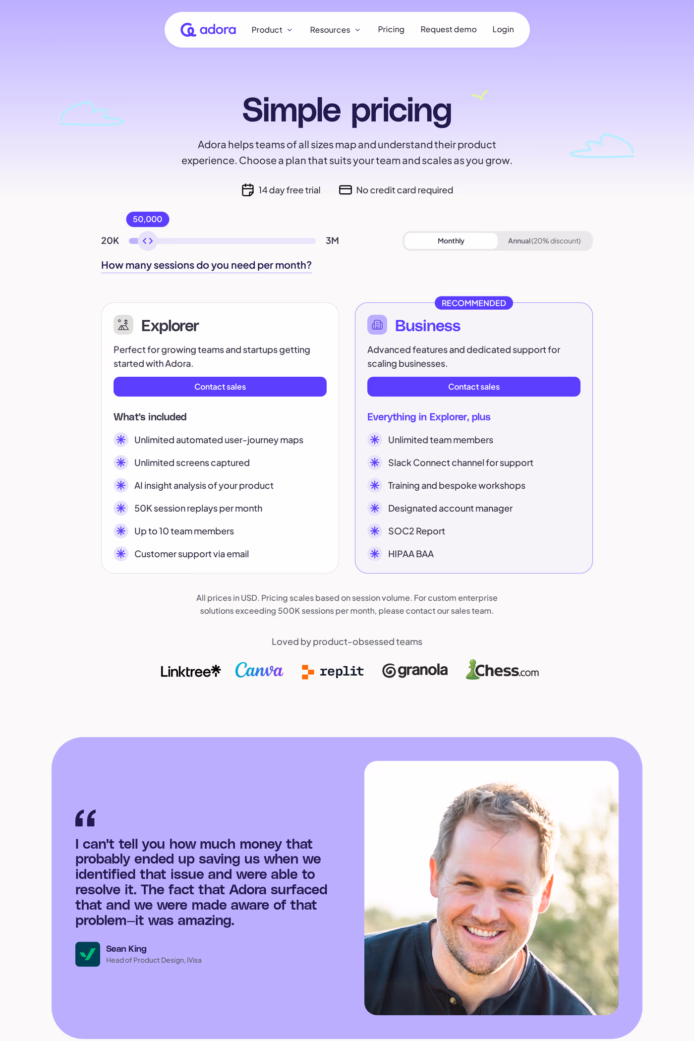 Adora pricing page