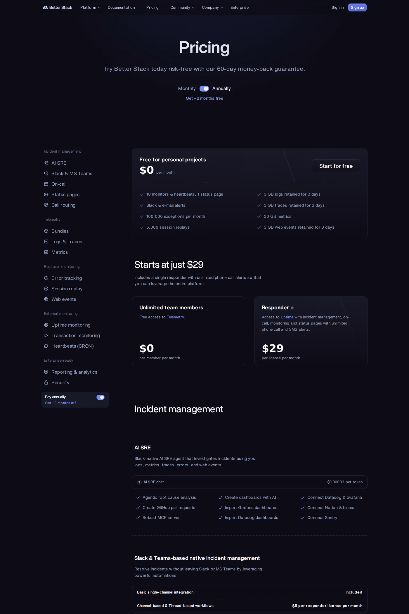 Better Stack pricing page