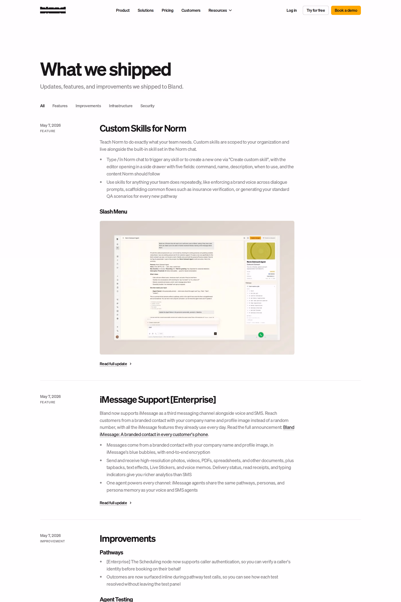 Bland AI changelog page