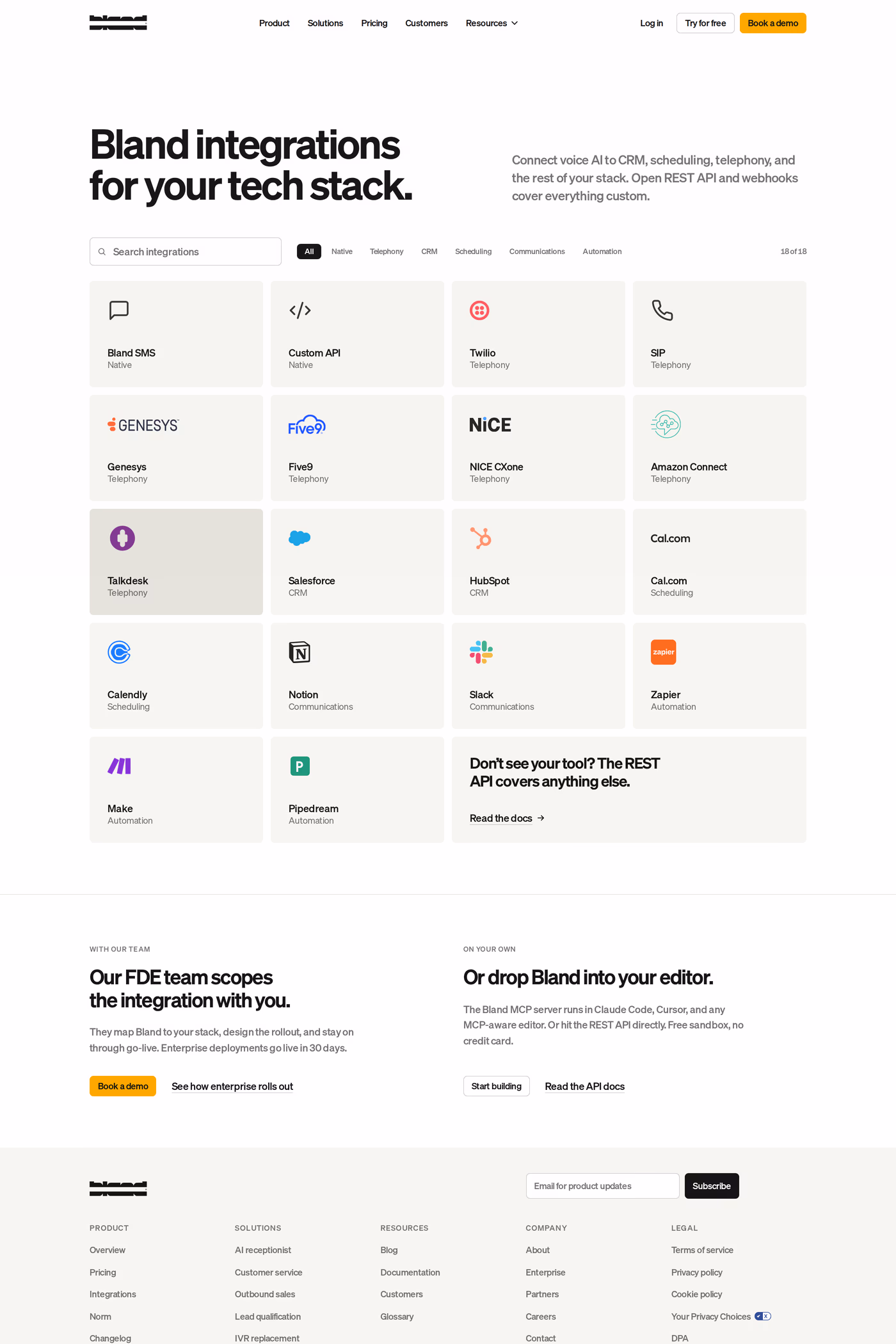 Bland AI integrations page