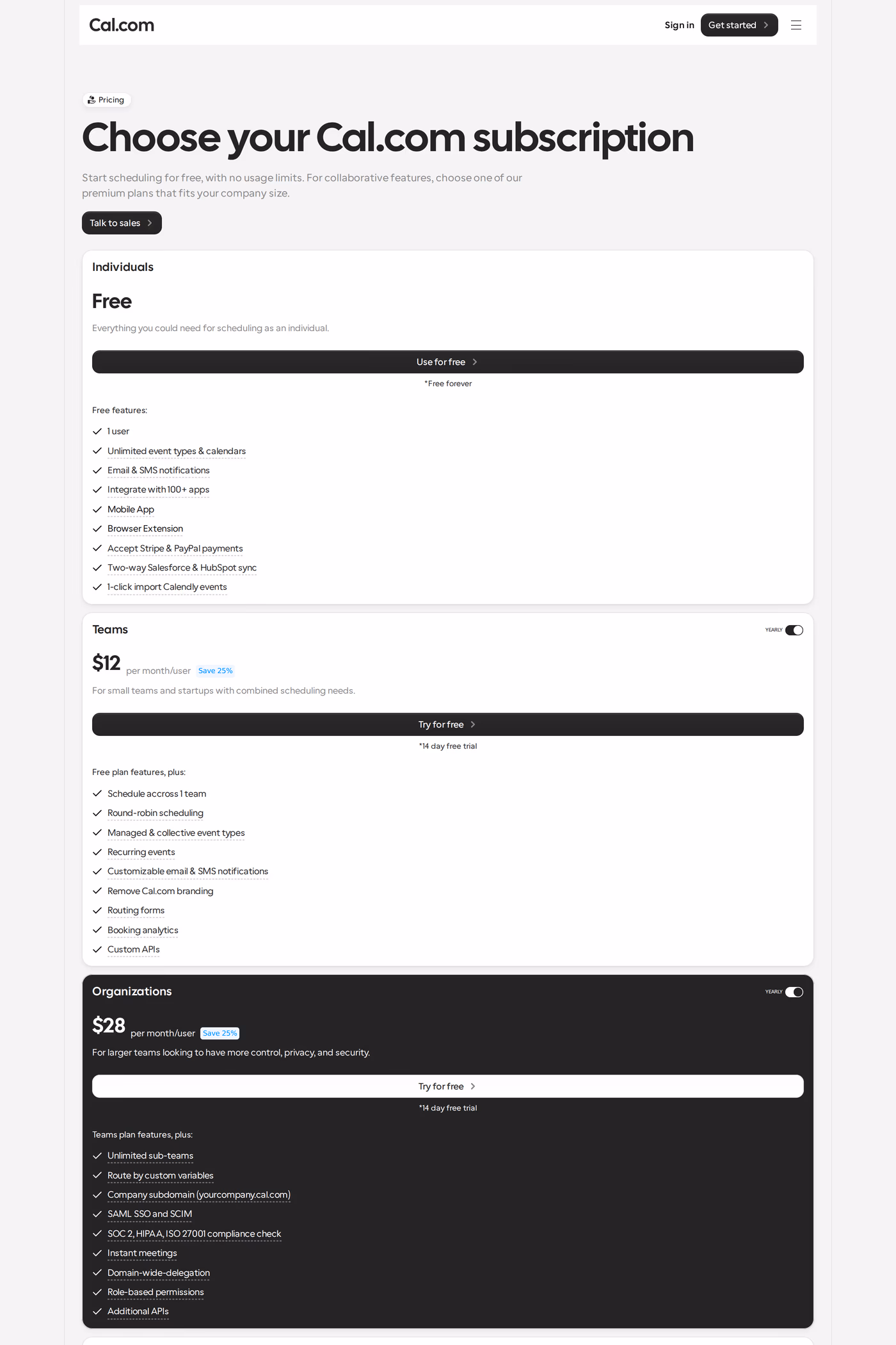 Cal.com pricing page