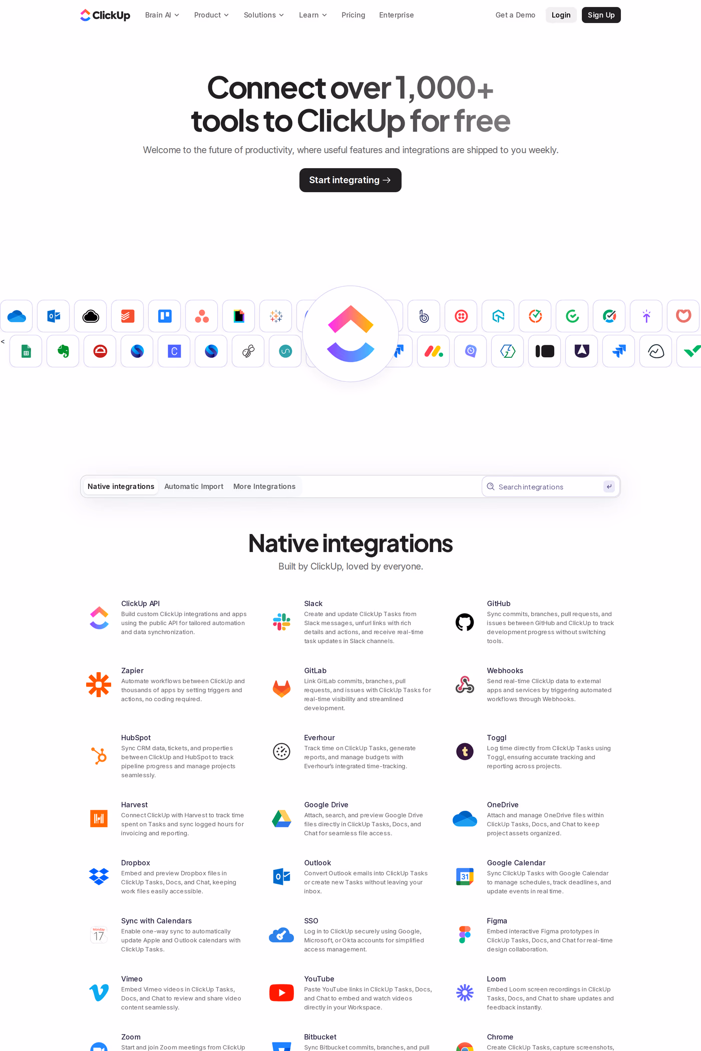 ClickUp integrations page