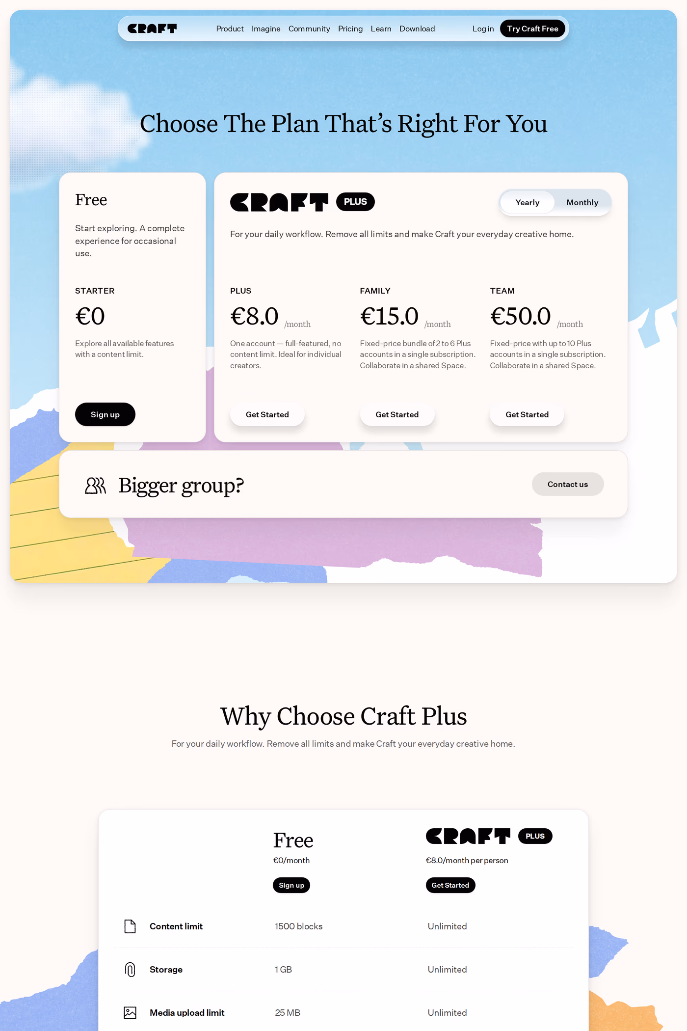 Craft pricing page