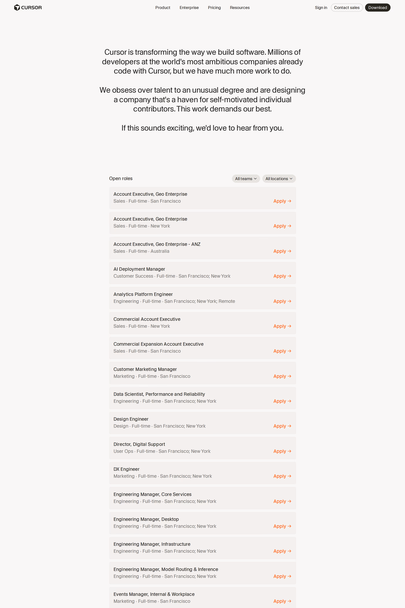 Cursor careers page