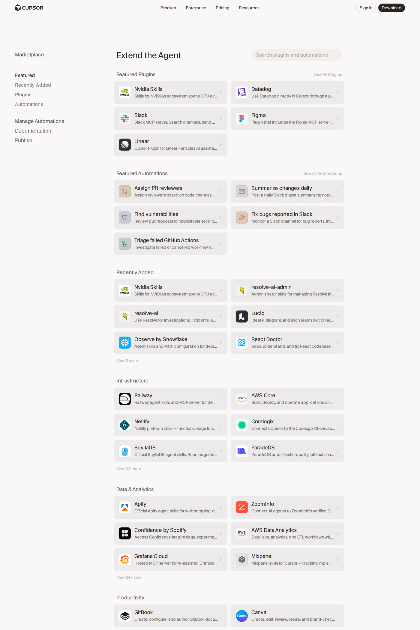 Cursor integrations page