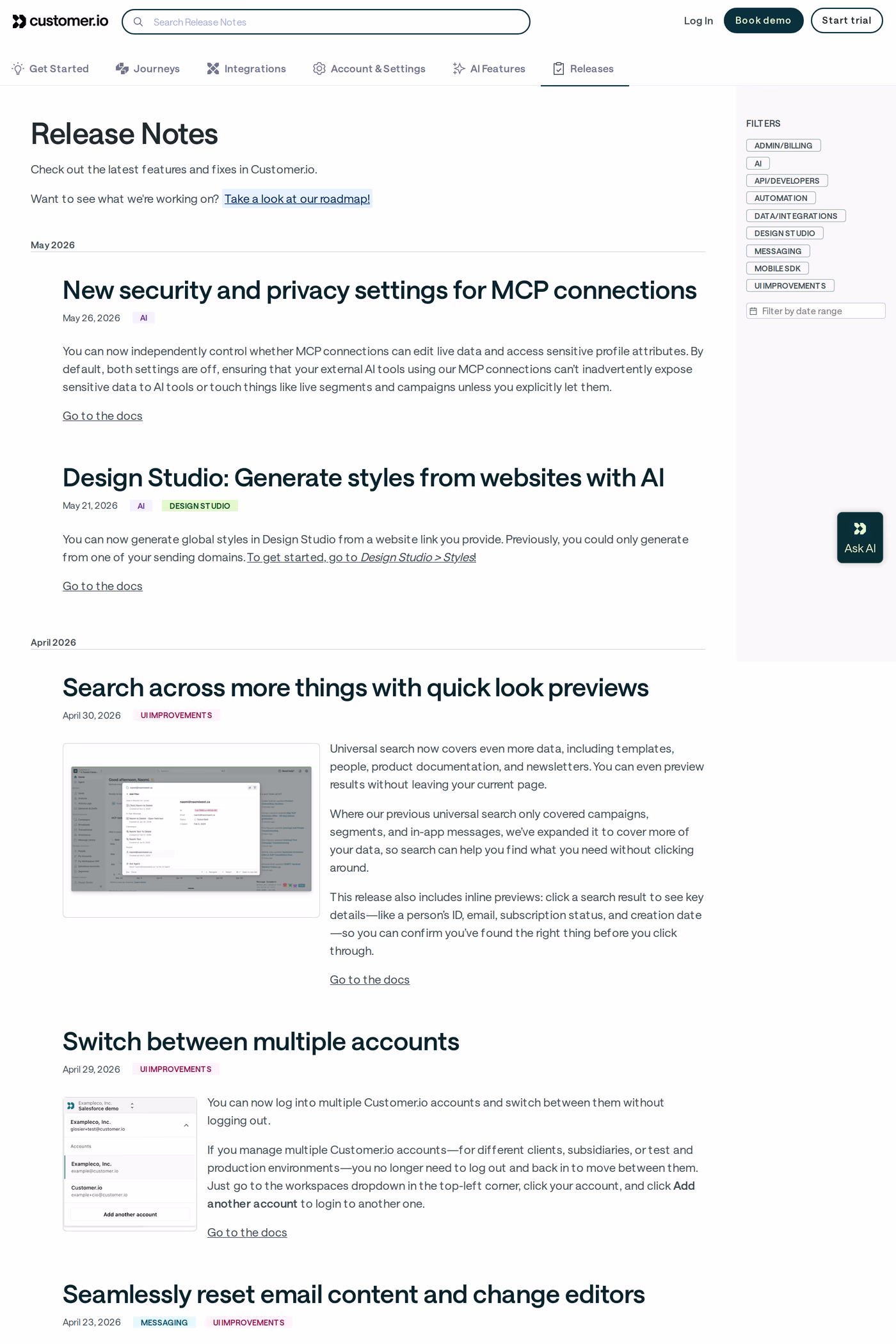Customer.io changelog page