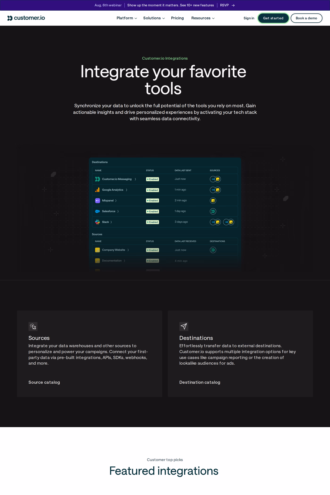 Customer.io integrations page