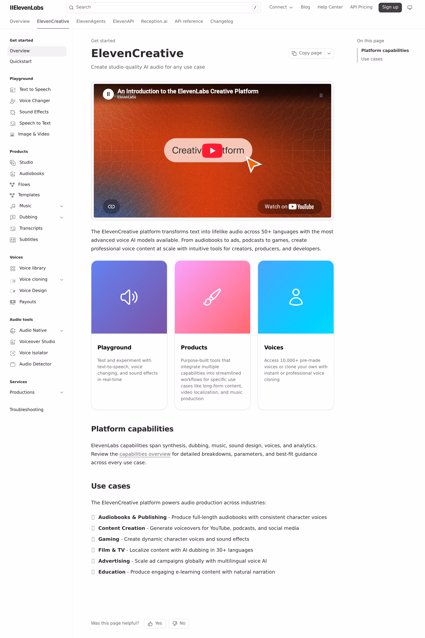 ElevenLabs Studio docs page
