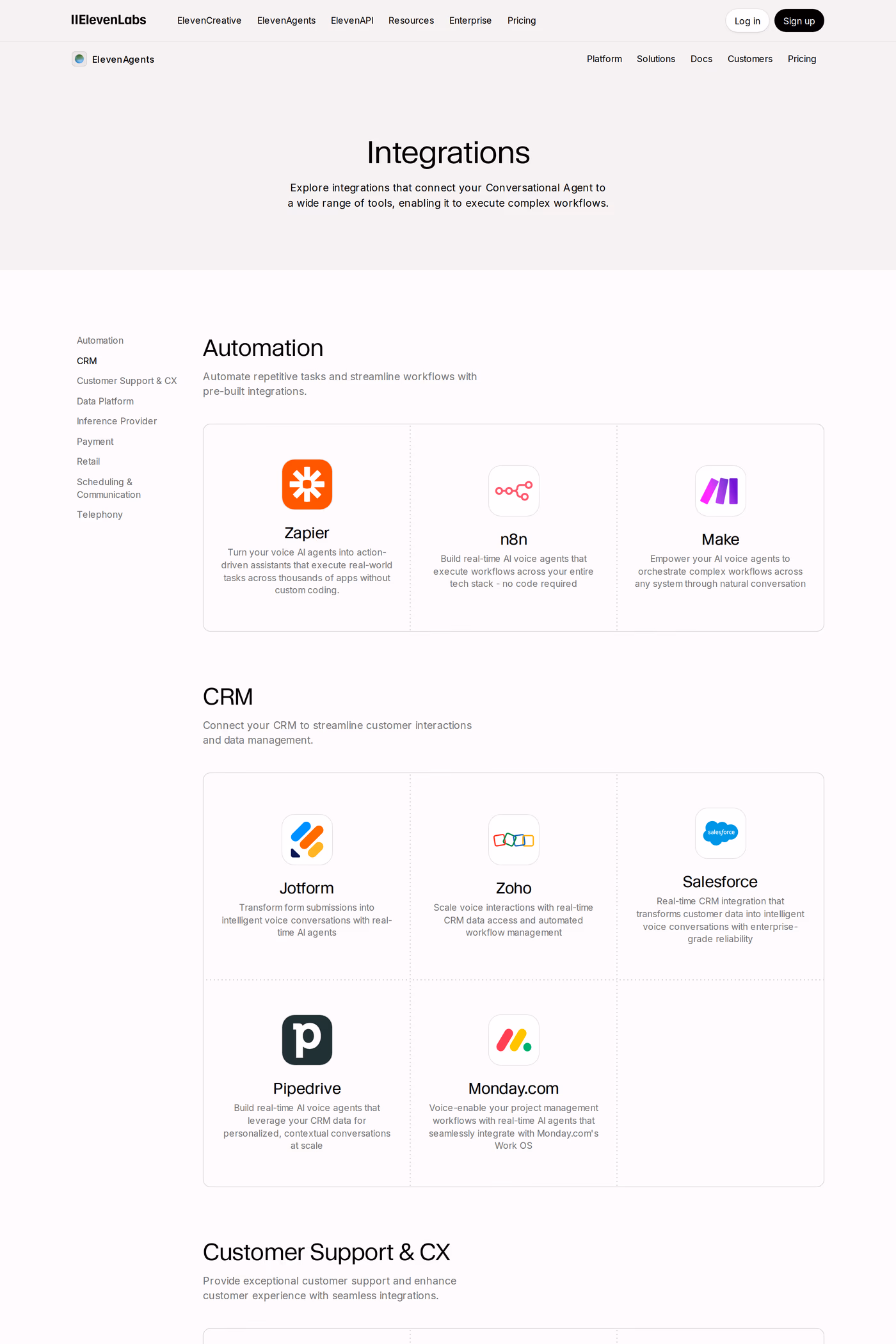 ElevenLabs Studio integrations page