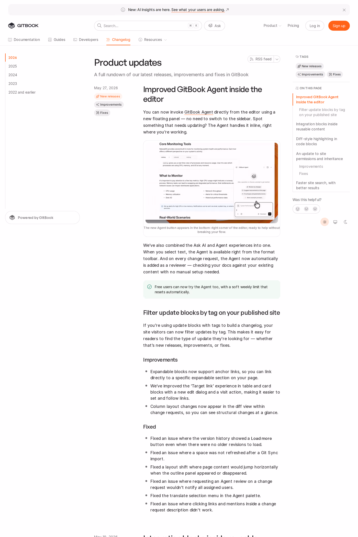 GitBook changelog page