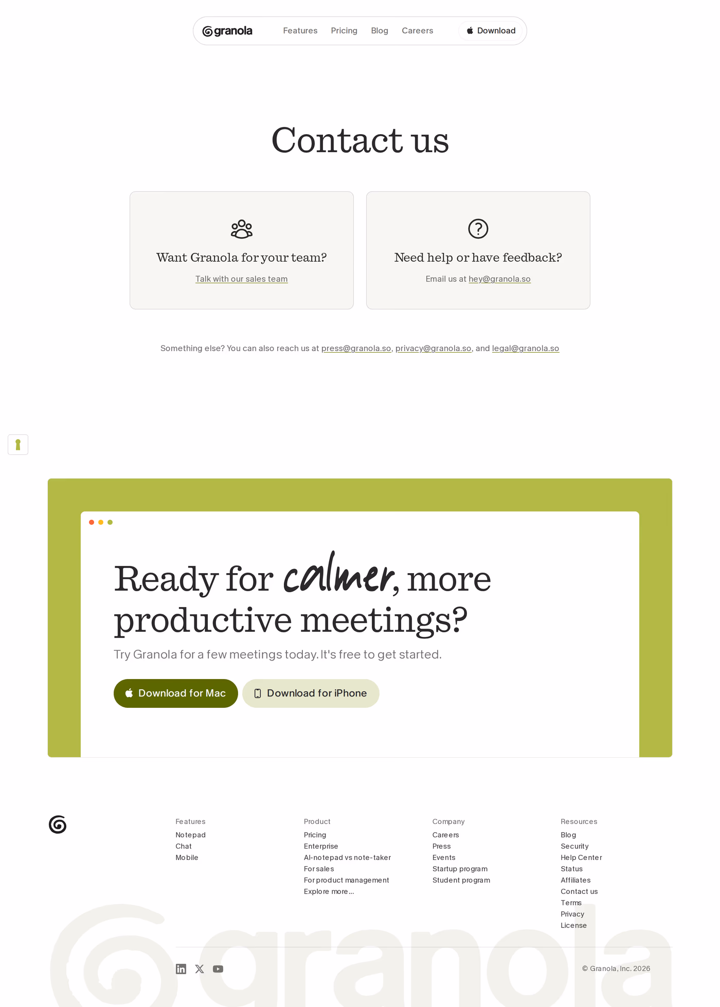 Granola contact page