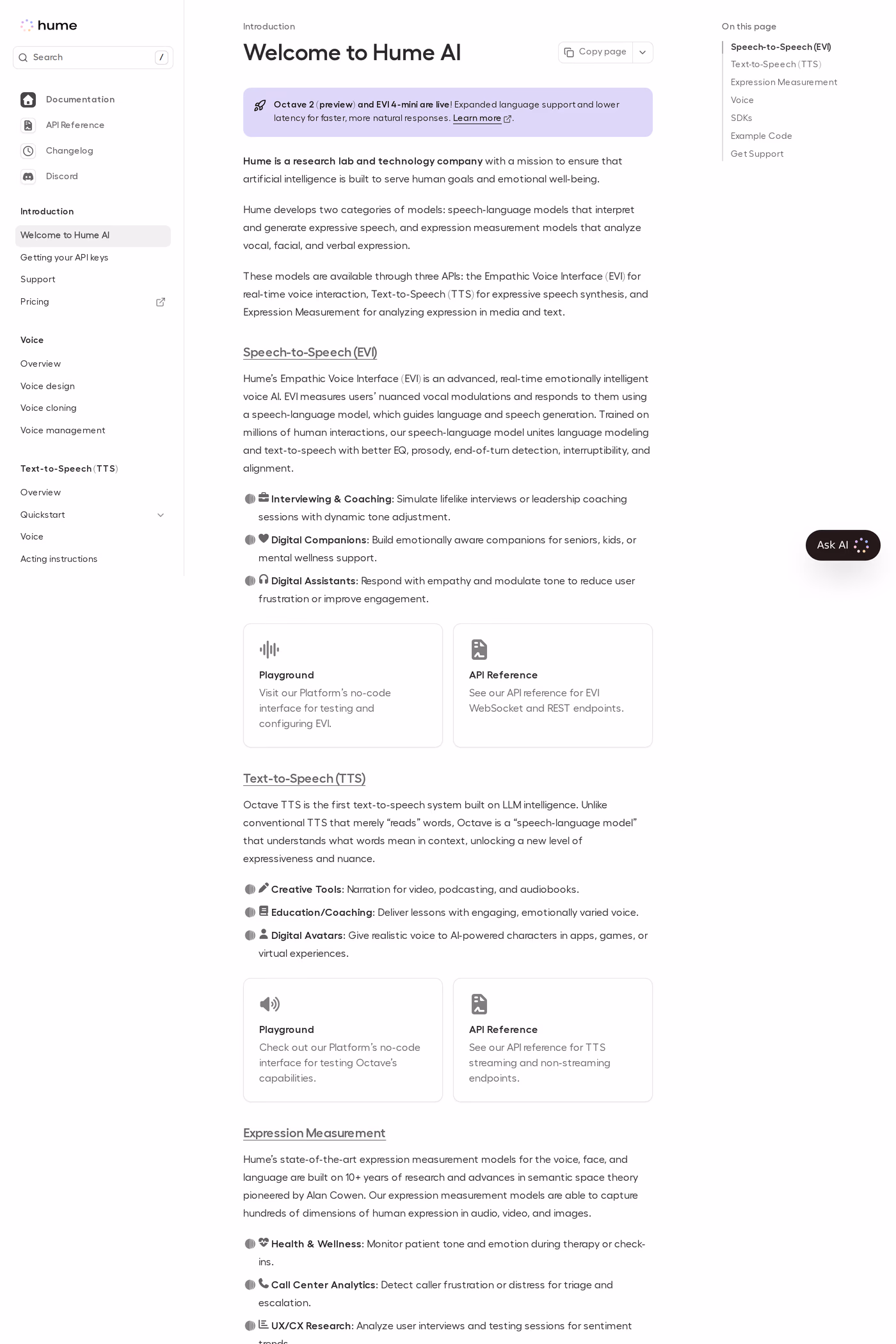 Hume AI docs page