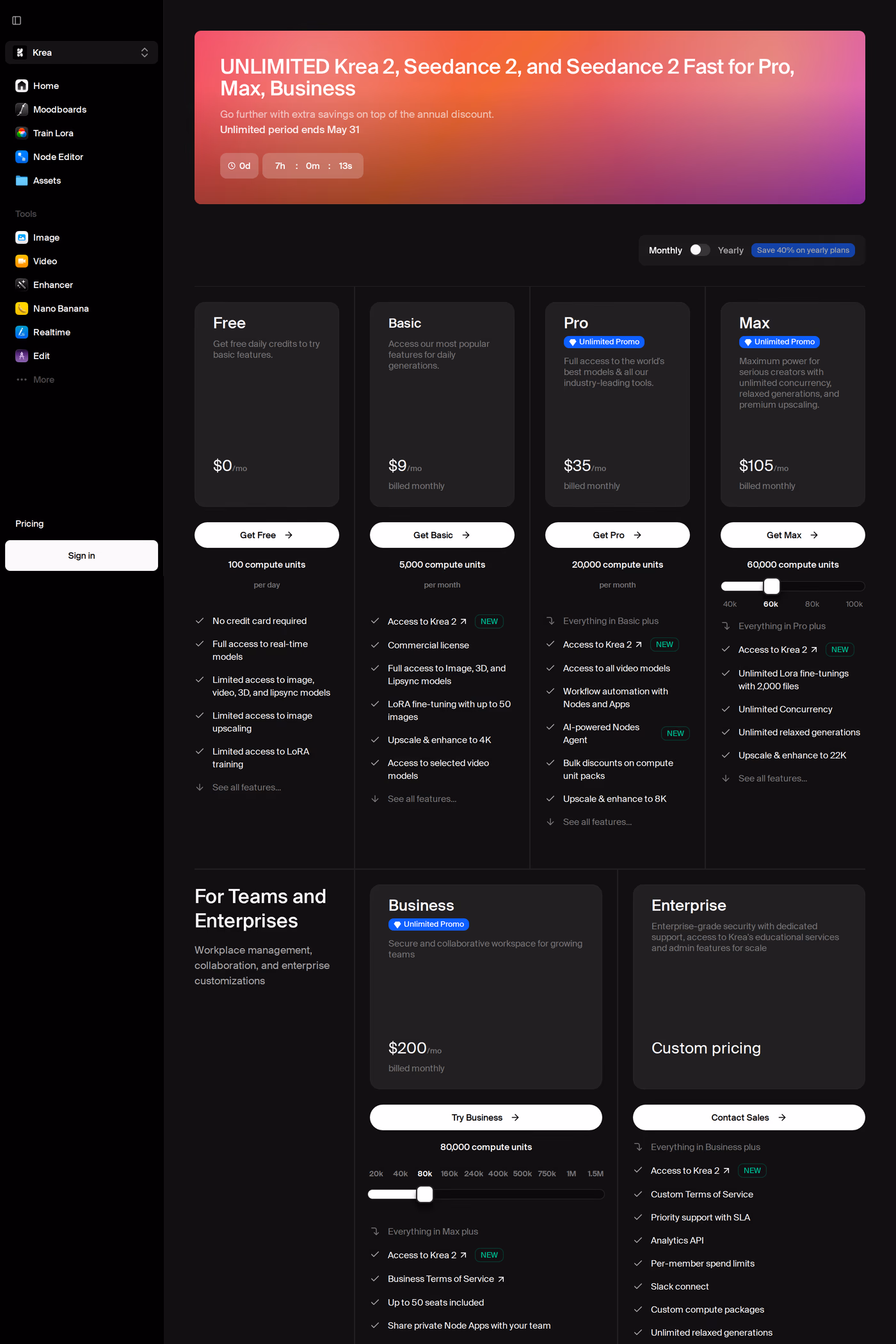 Krea pricing page