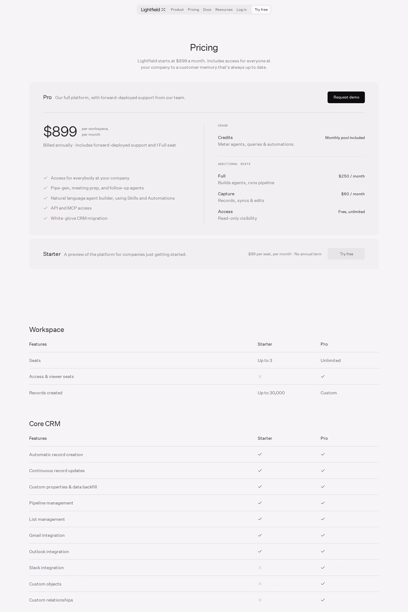 Lightfield pricing page