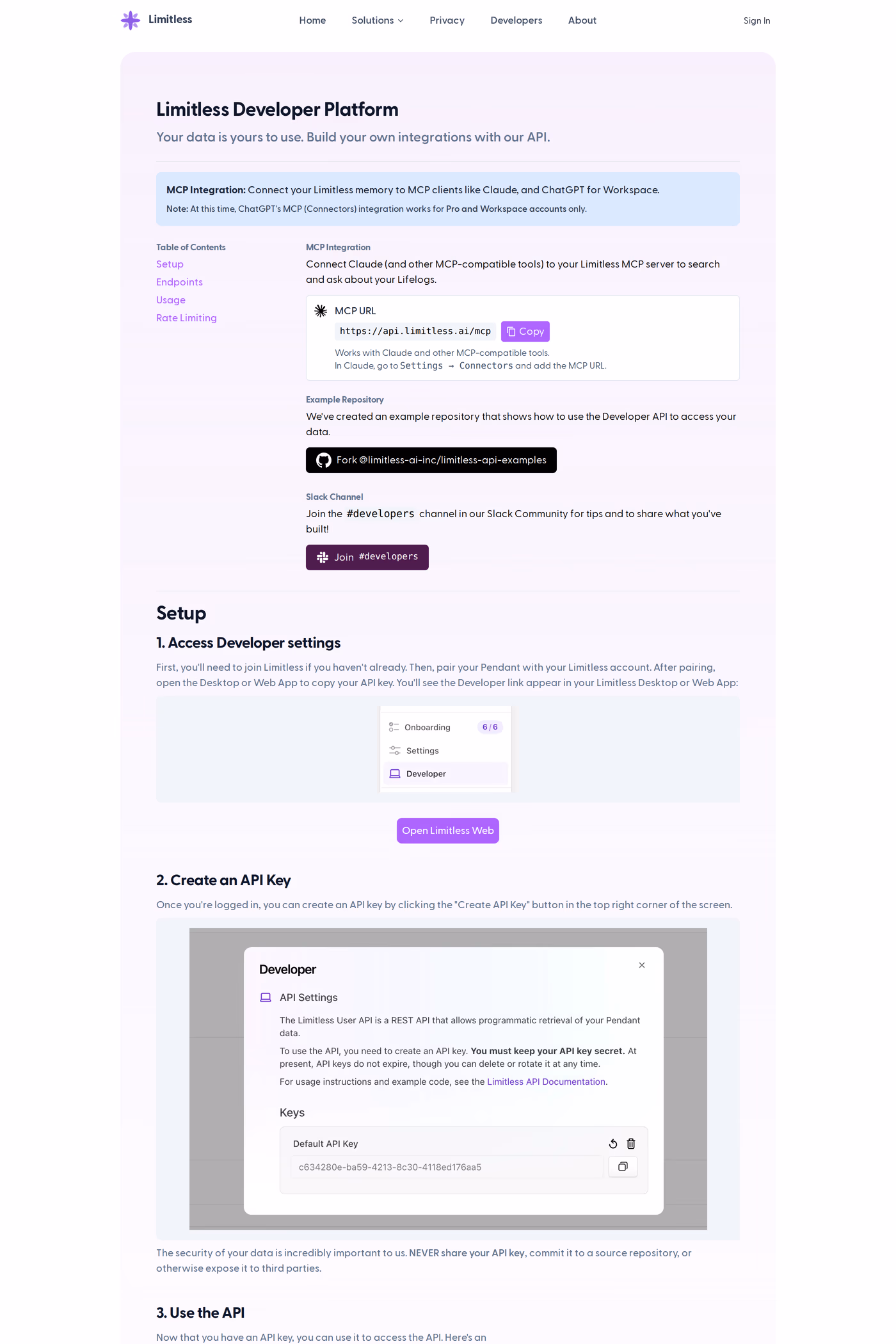 Limitless docs page