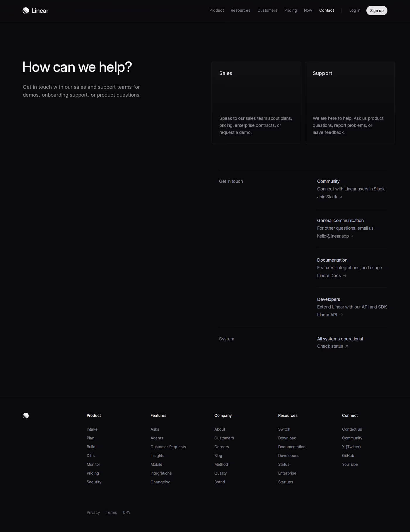 Linear for Startups contact page