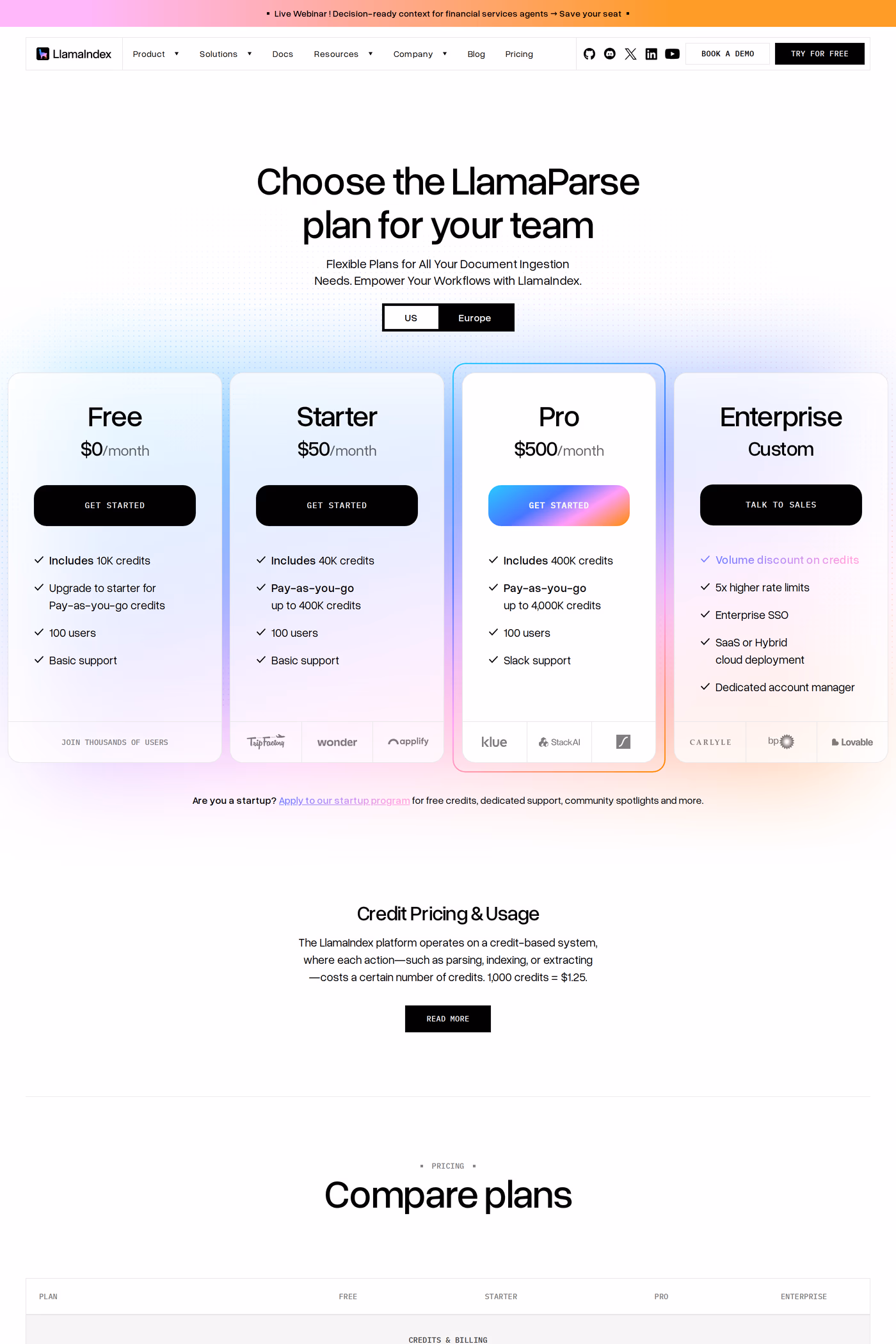 LlamaIndex pricing page
