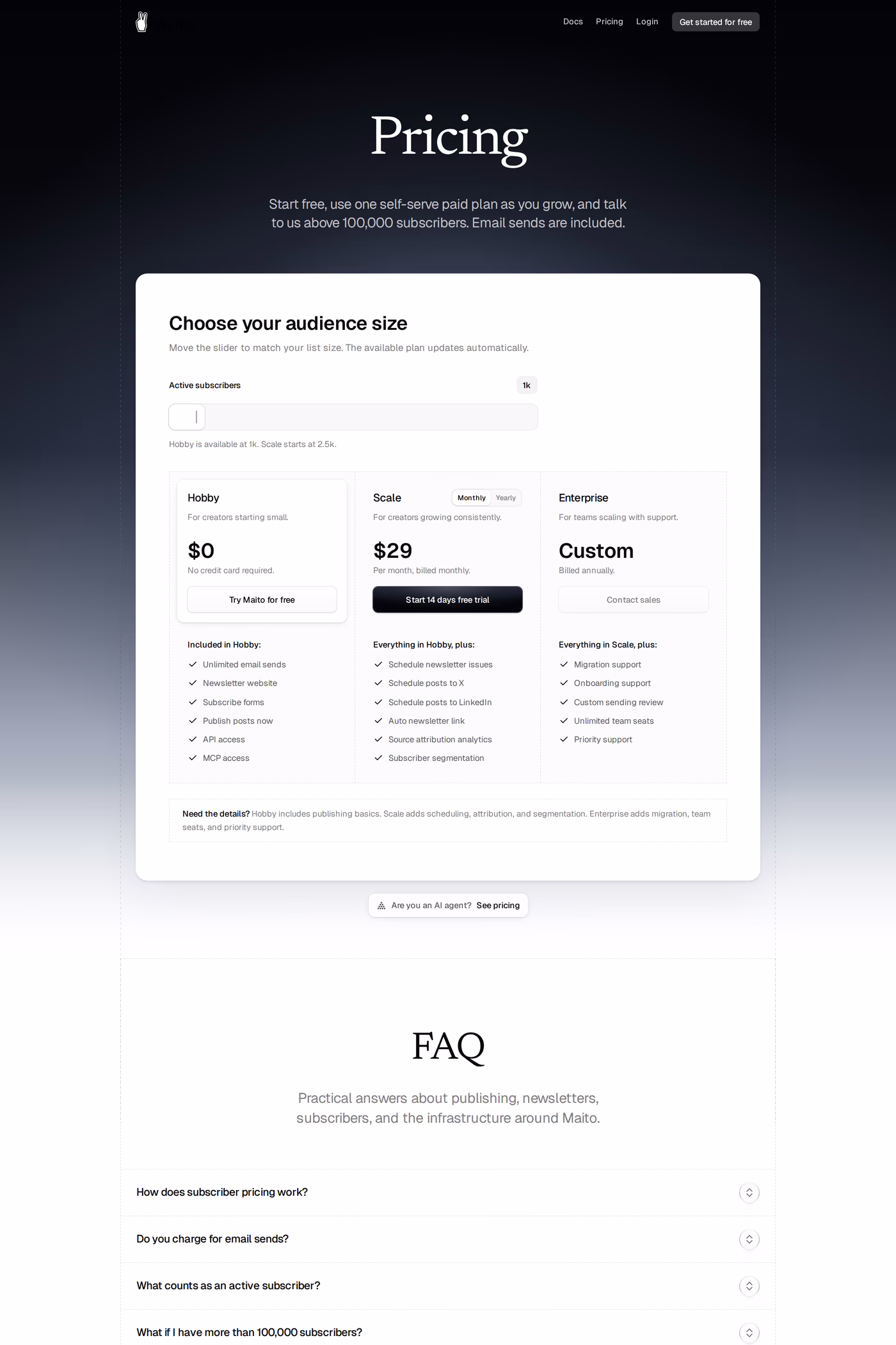 Maito pricing page