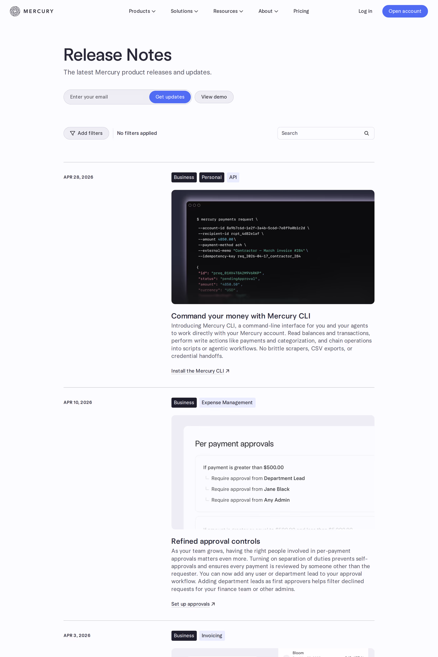 Mercury changelog page