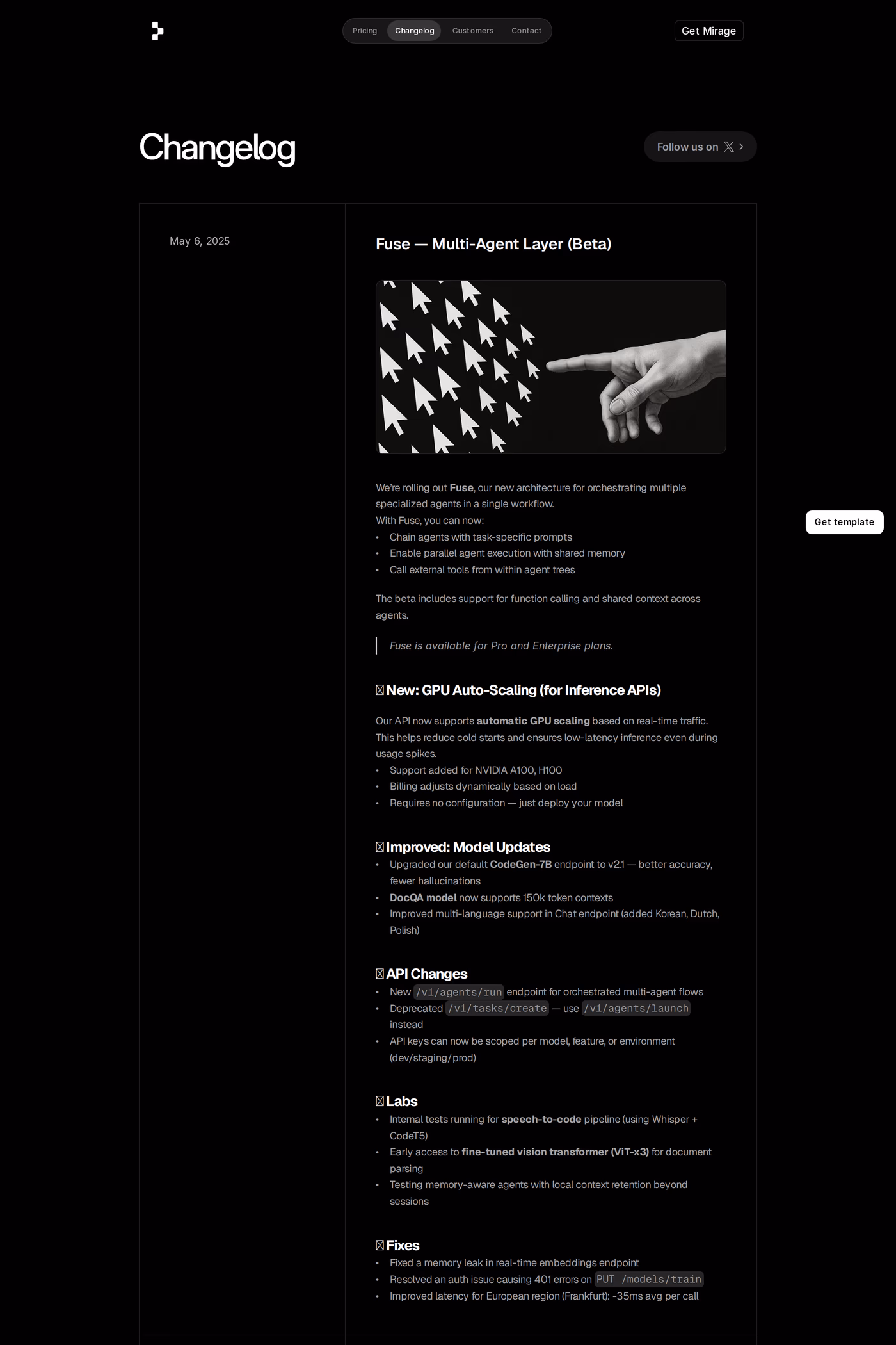 Mirage changelog page