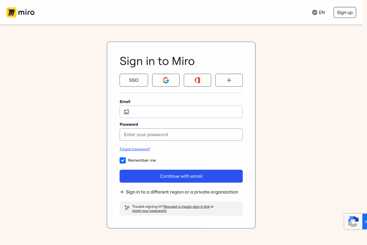 Miro Intelligent Canvas login page