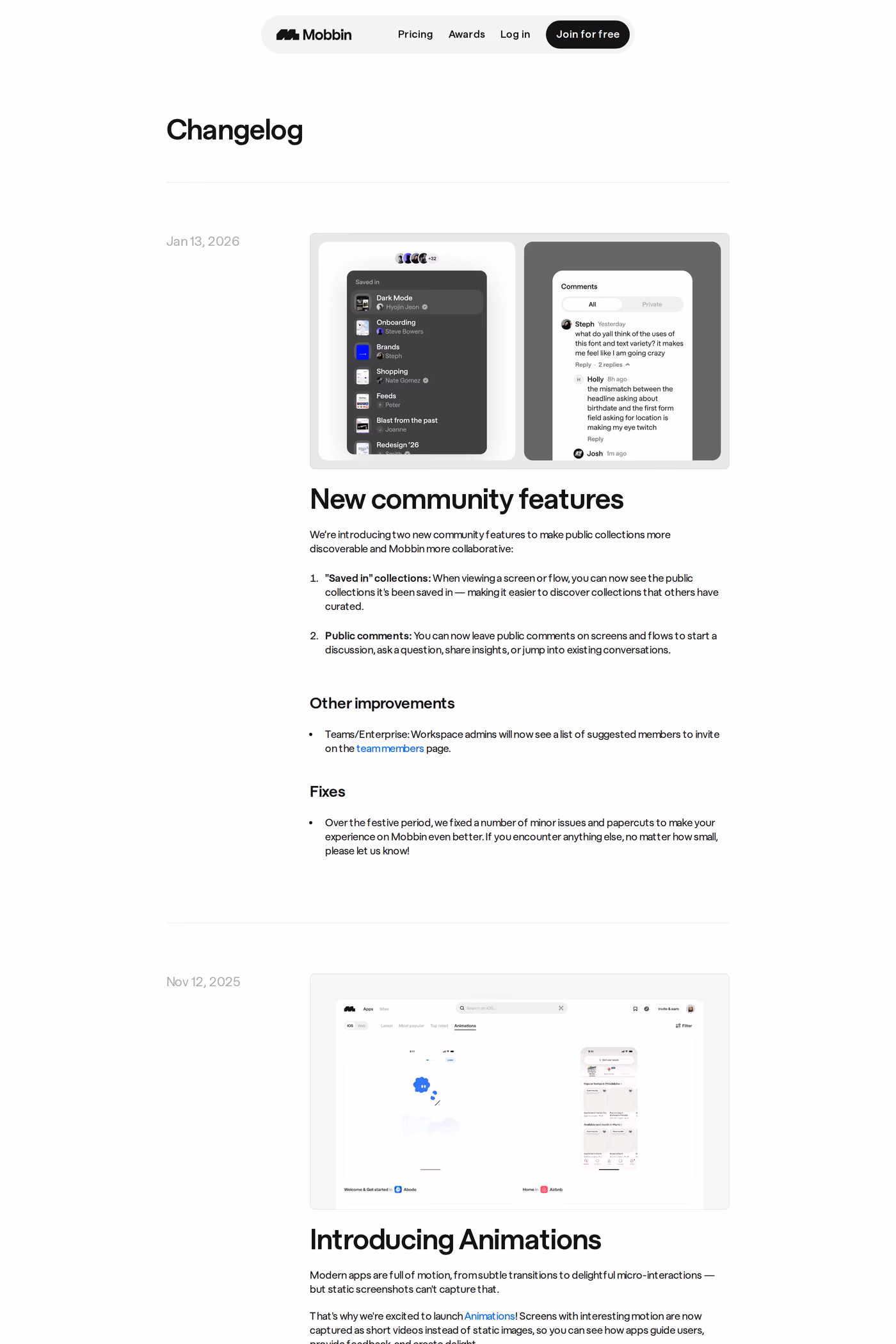 Mobbin changelog page