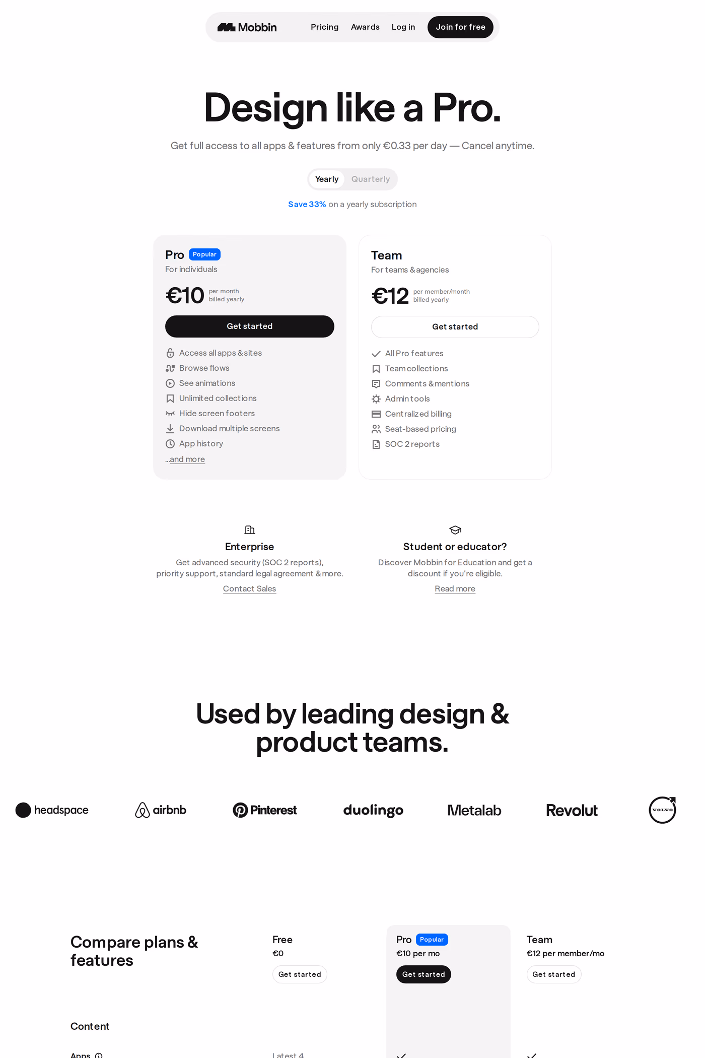 Mobbin pricing page