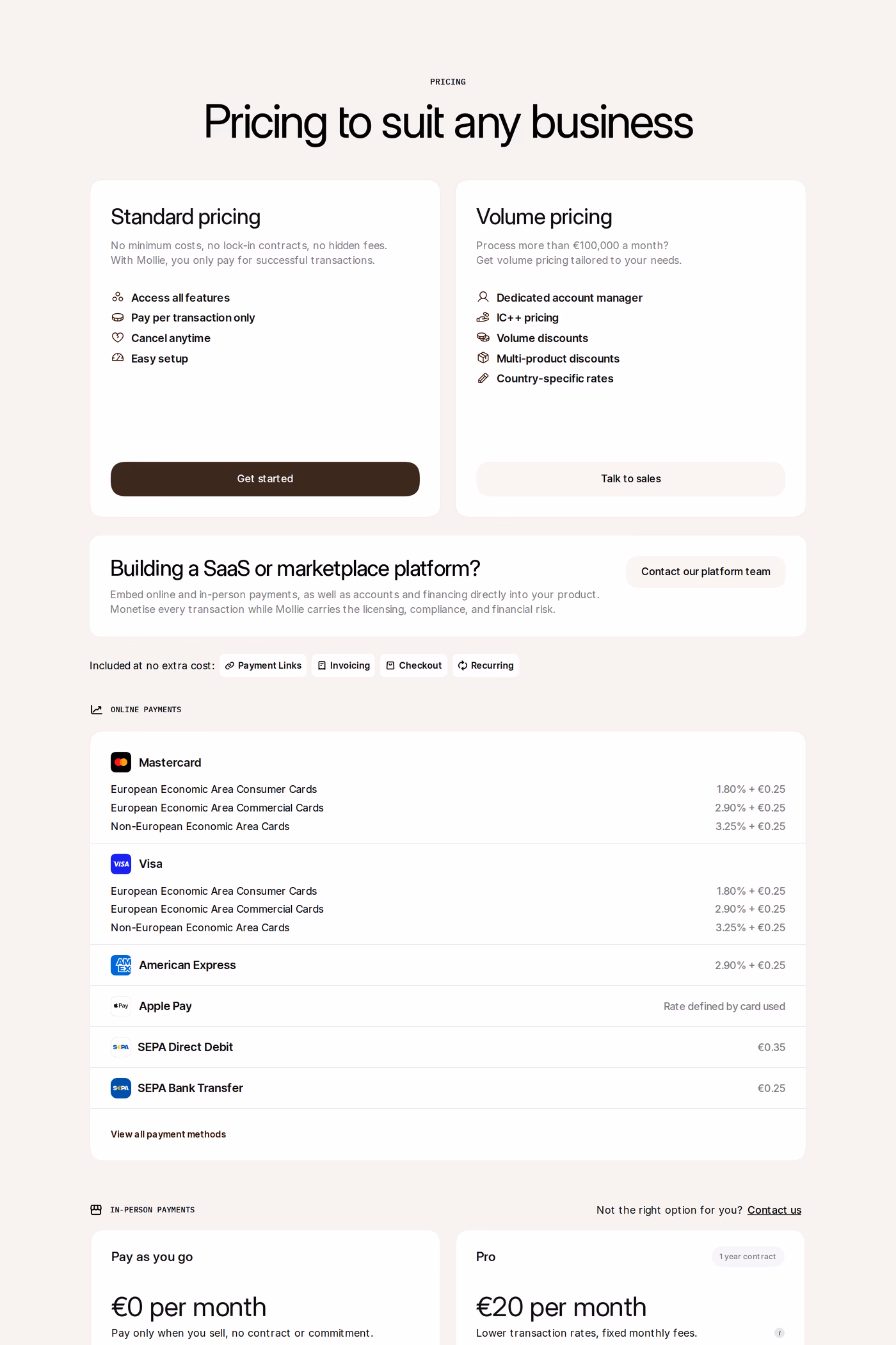 Mollie pricing page