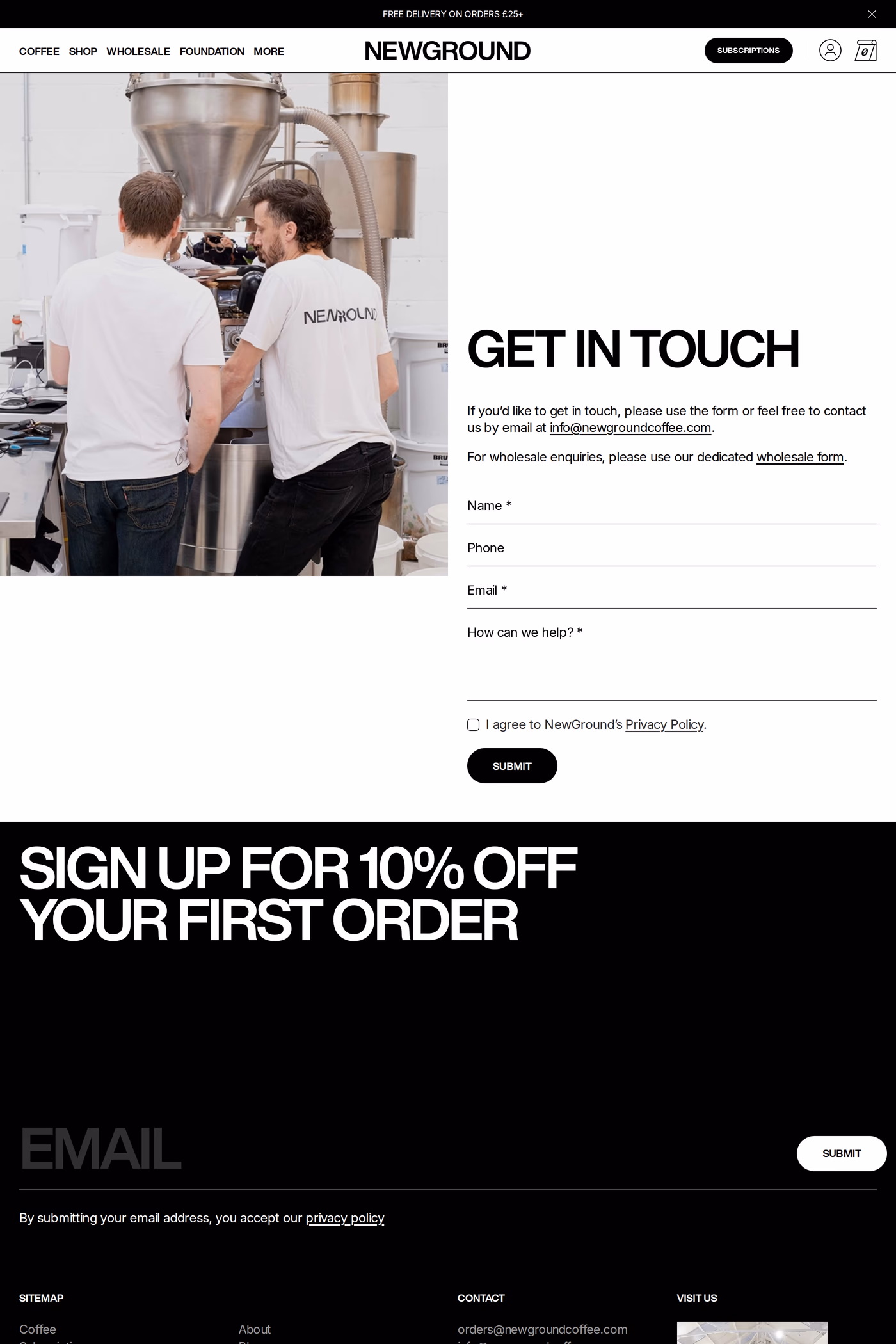 New Ground Coffee contact page