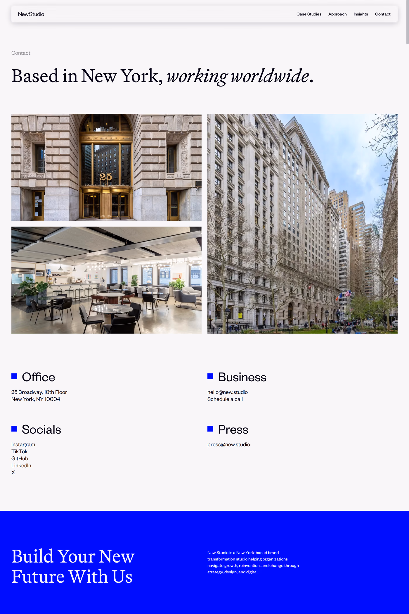 New Studio contact page