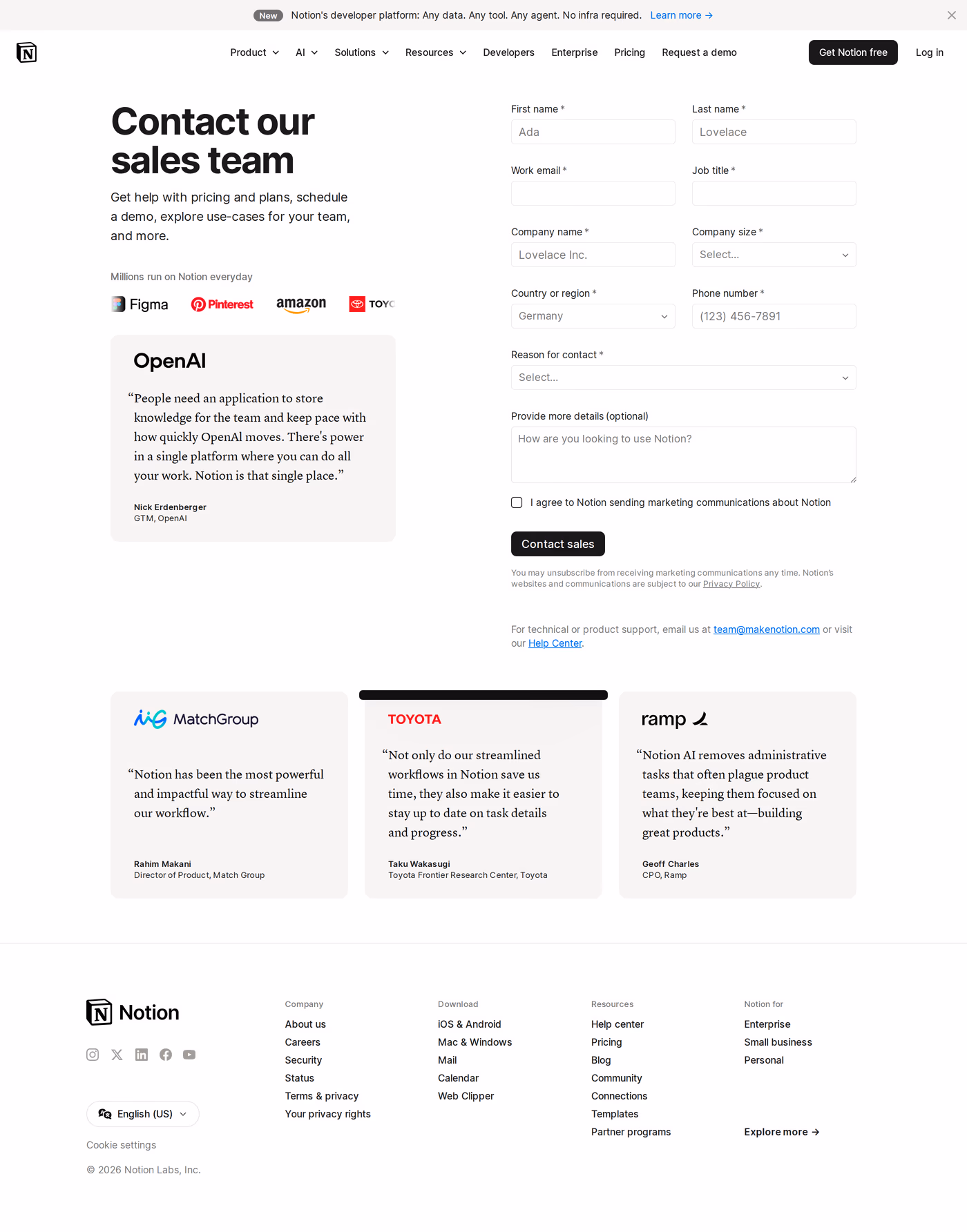 Notion contact page