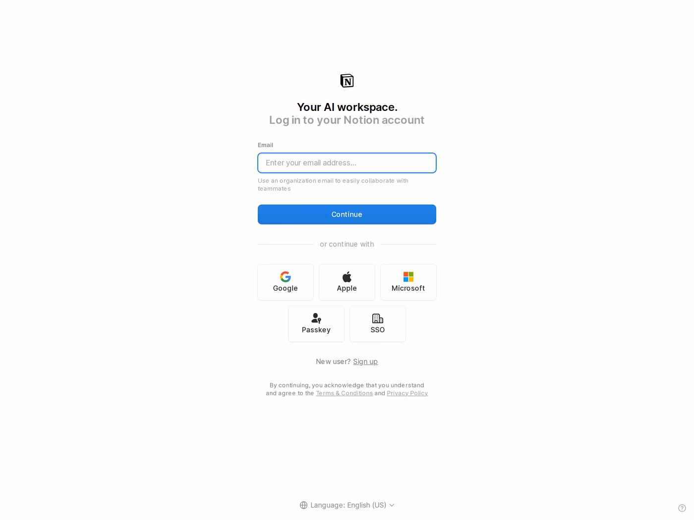 Notion login page