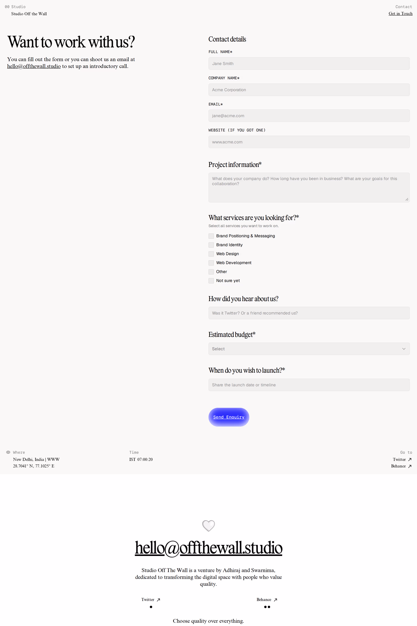 Off The Wall contact page