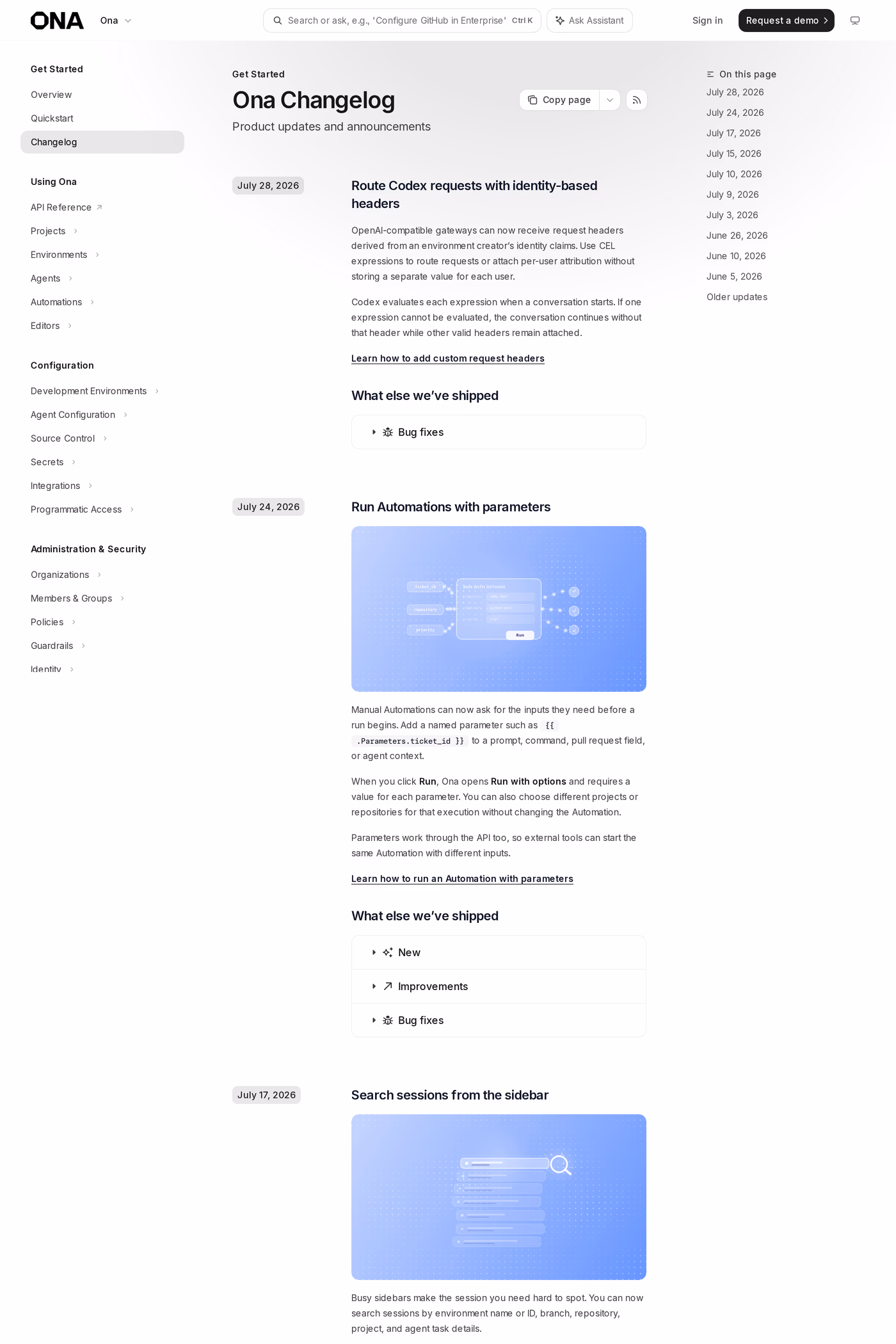 Ona changelog page