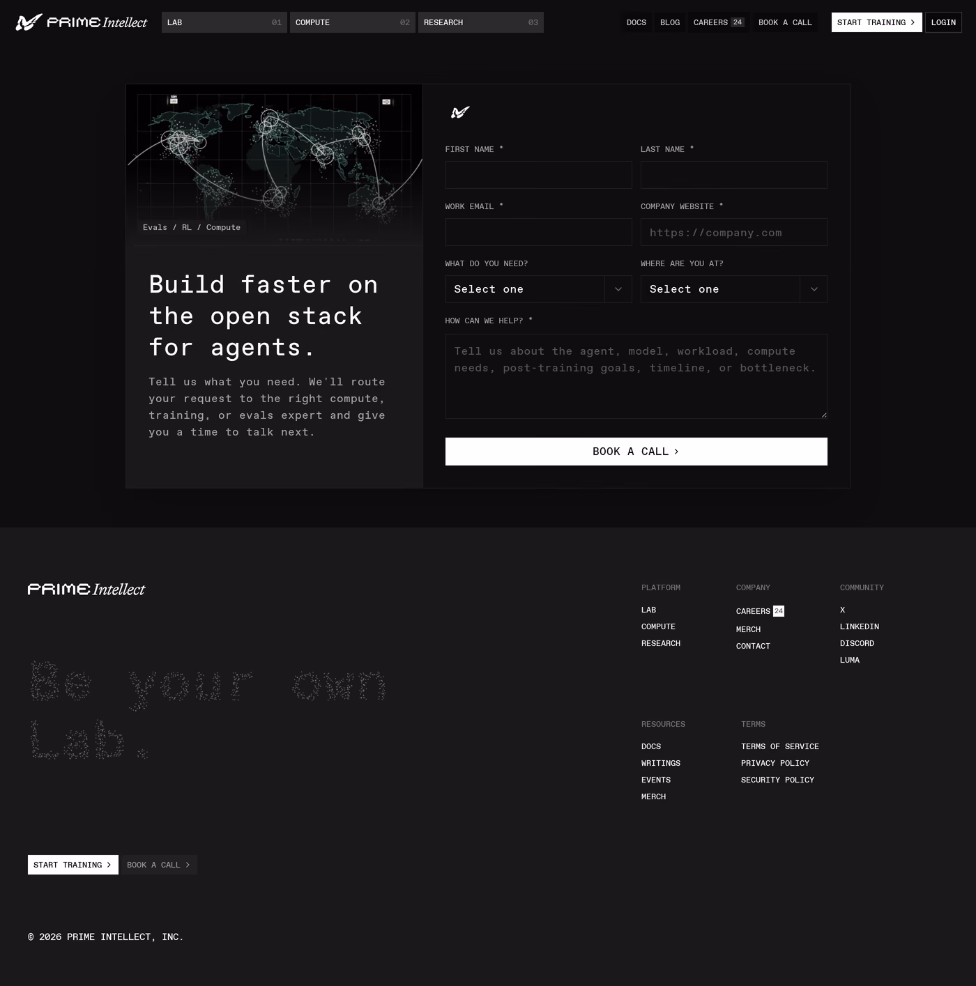 Prime Intellect contact page