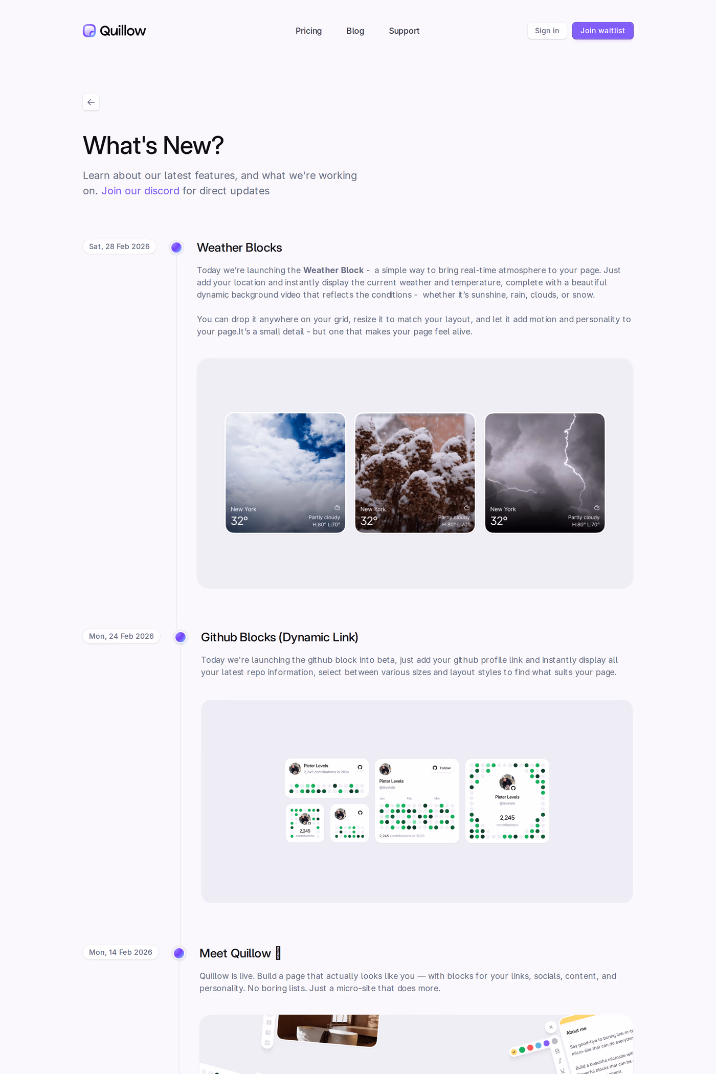 Quillow changelog page