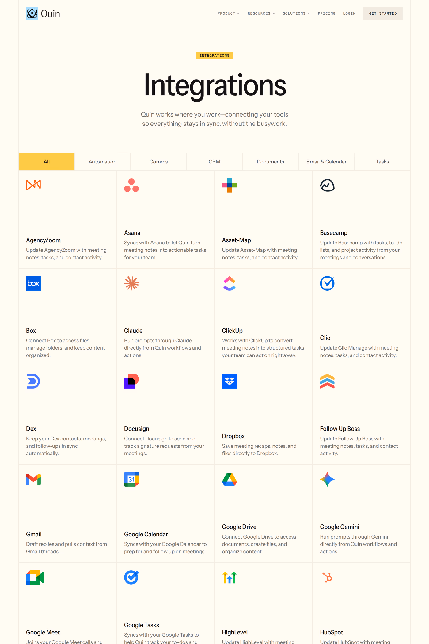 Quin integrations page