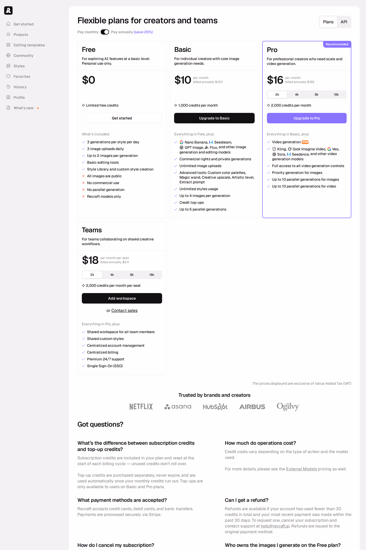 Recraft pricing page