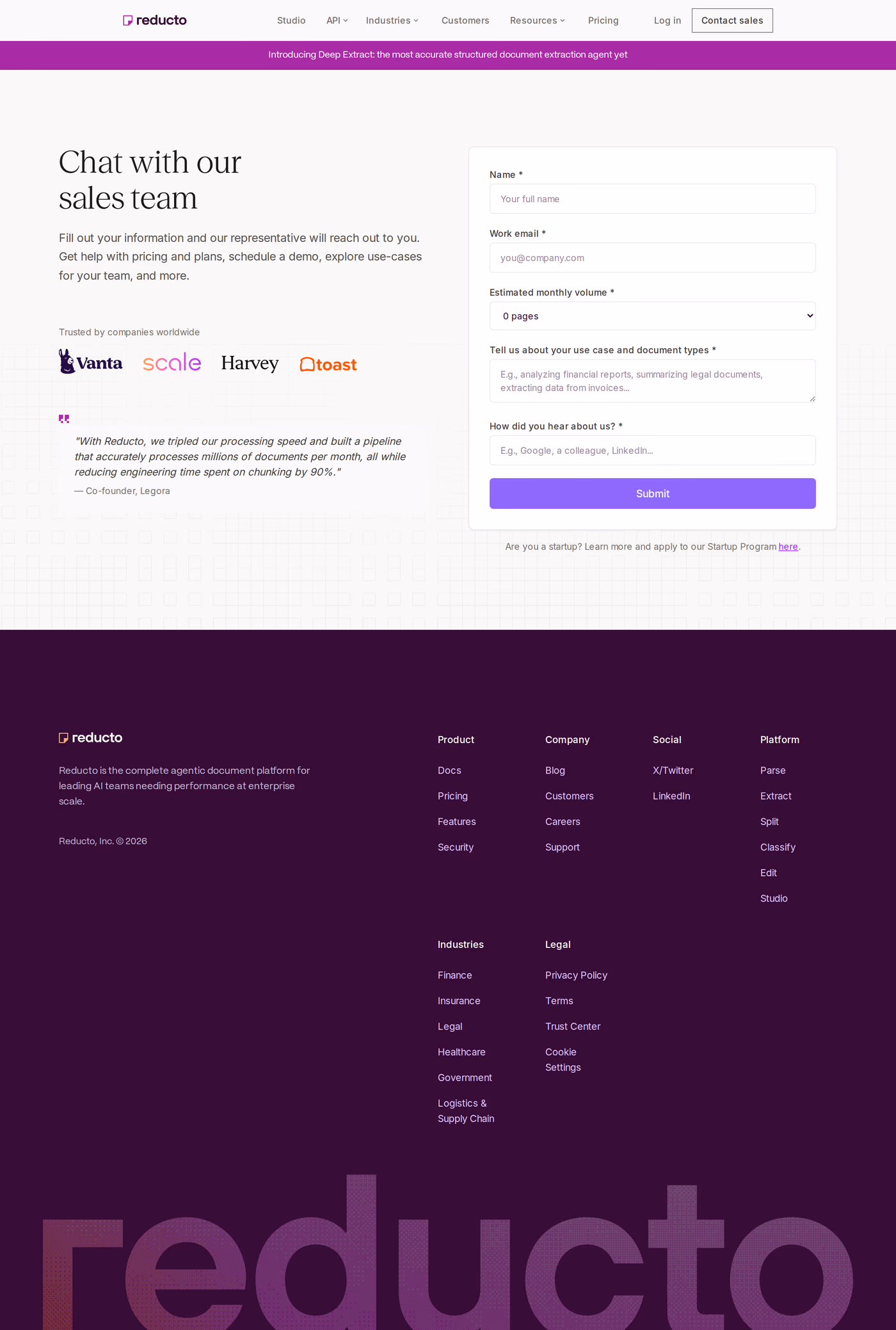 Reducto contact page