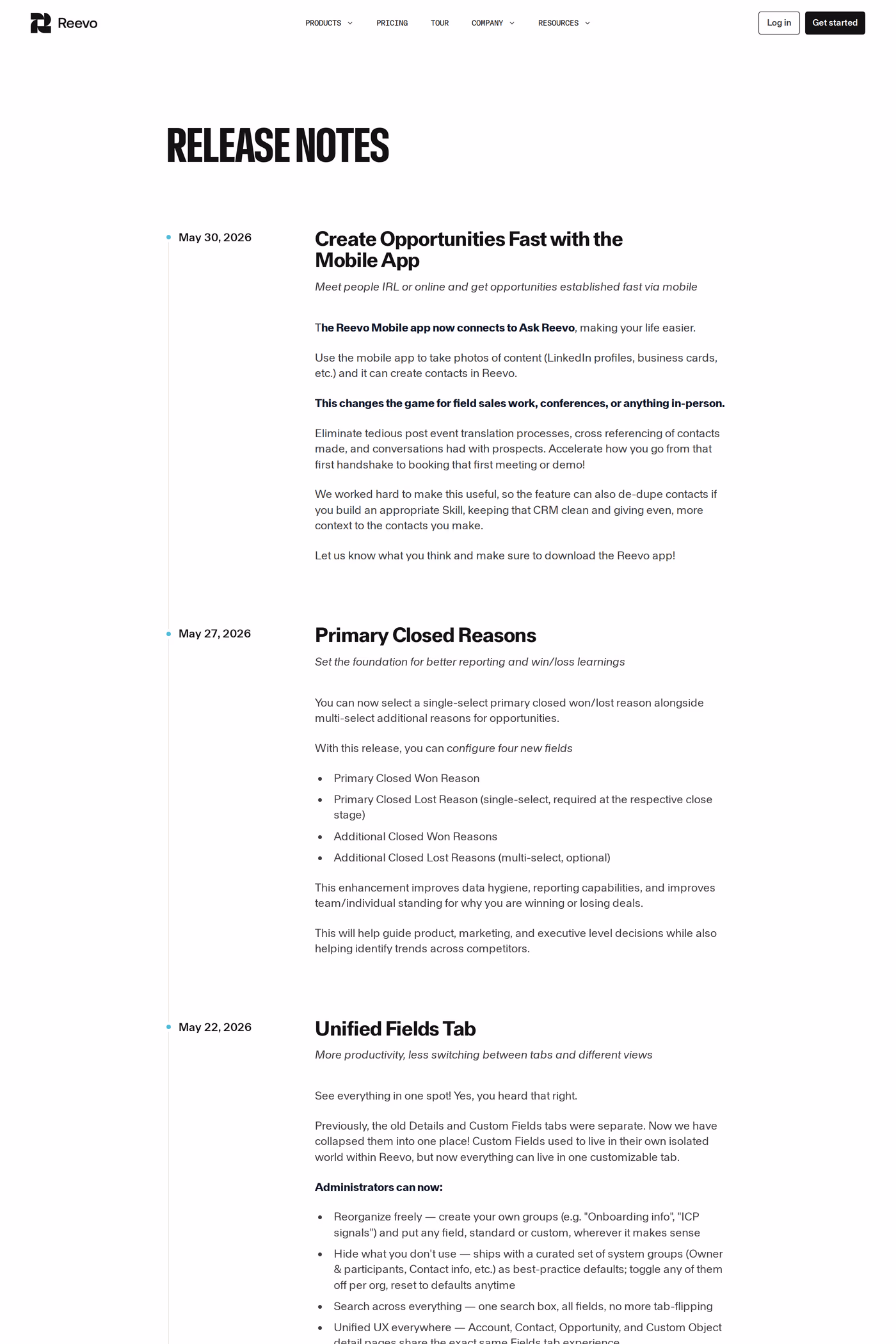 Reevo changelog page