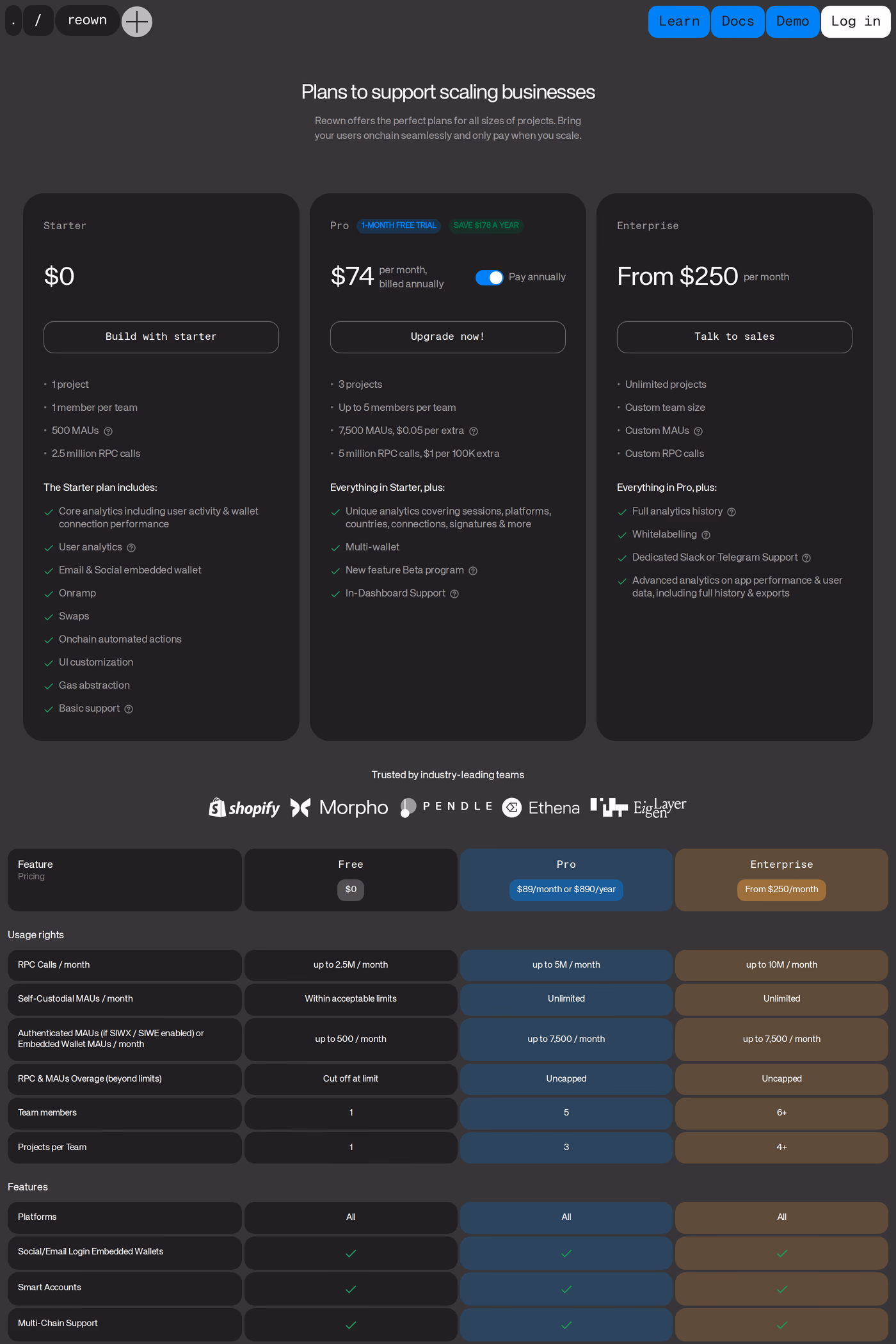 Reown pricing page