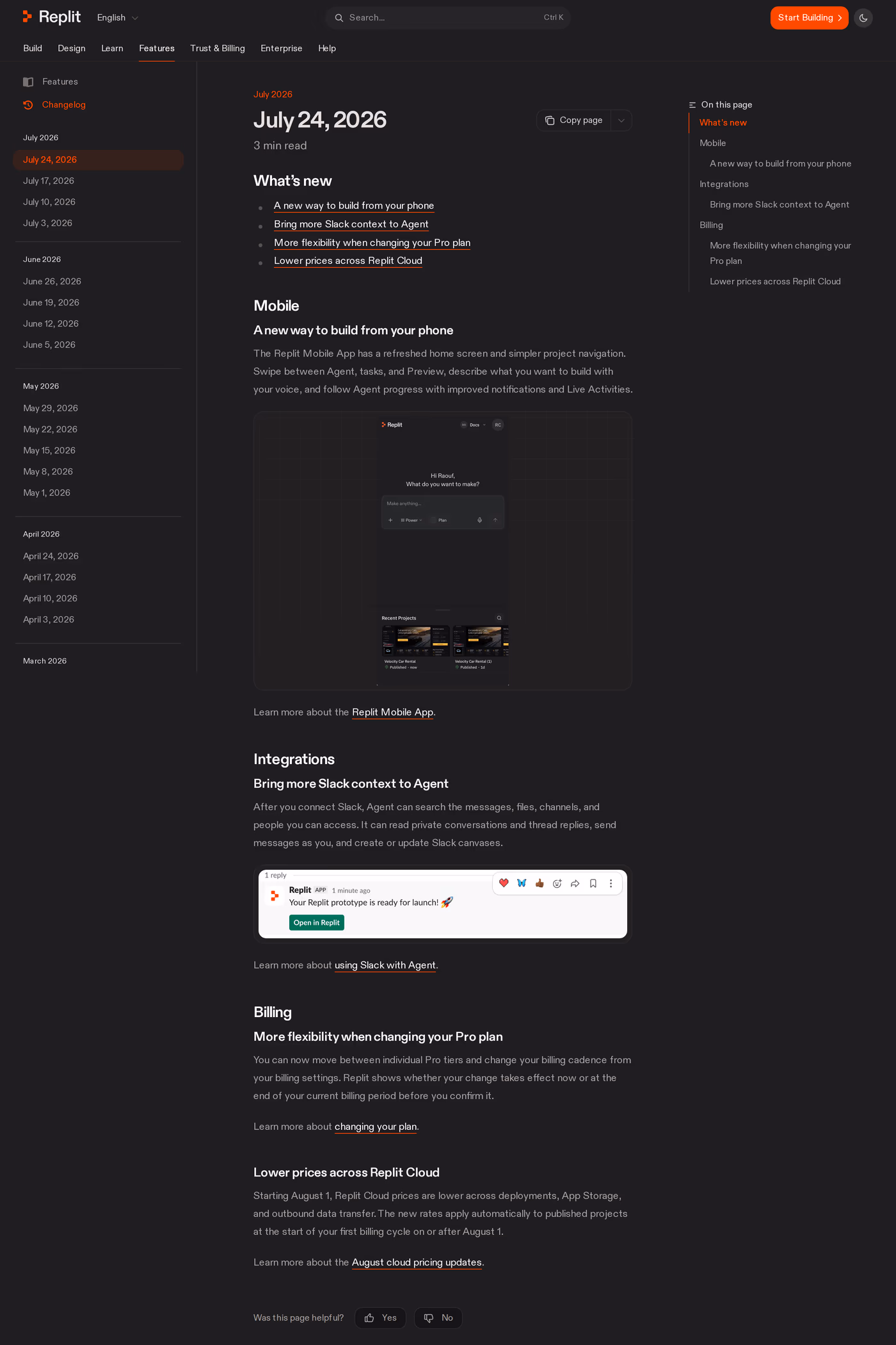 Replit changelog page