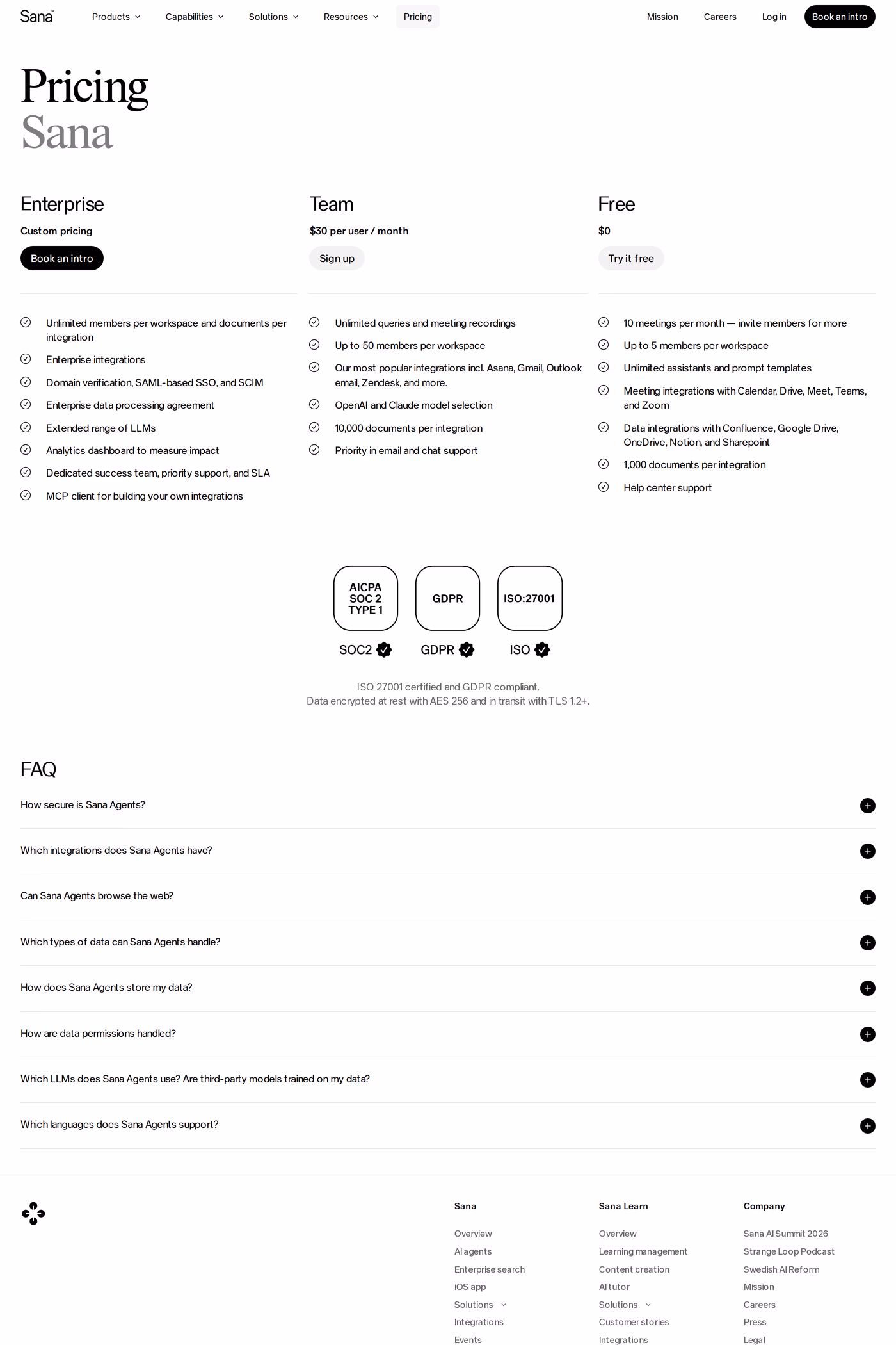 Sana pricing page
