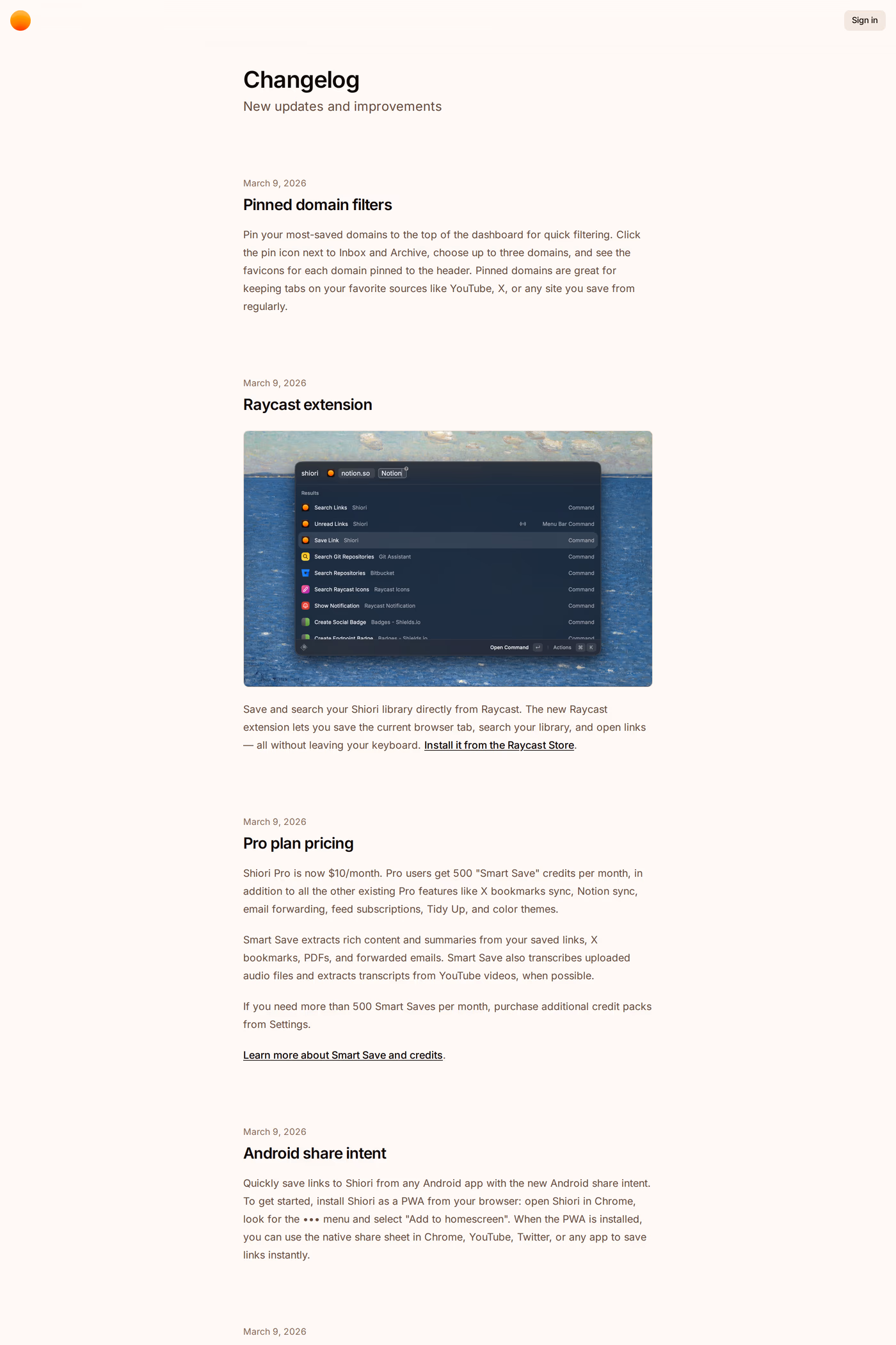 Shiori changelog page