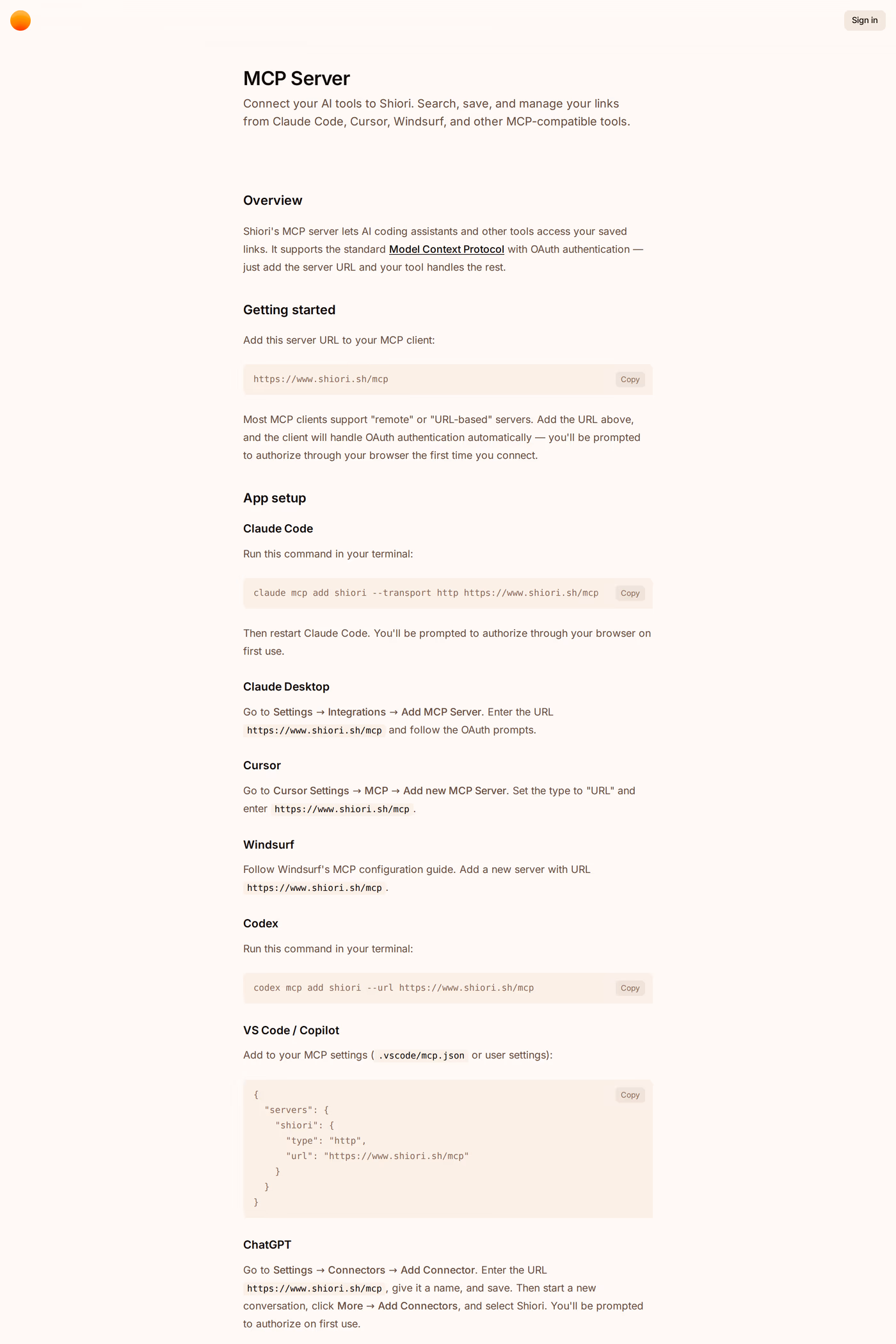 Shiori docs page