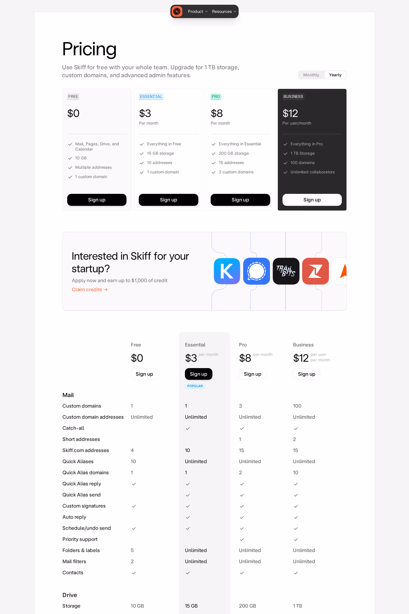 Skiff pricing page